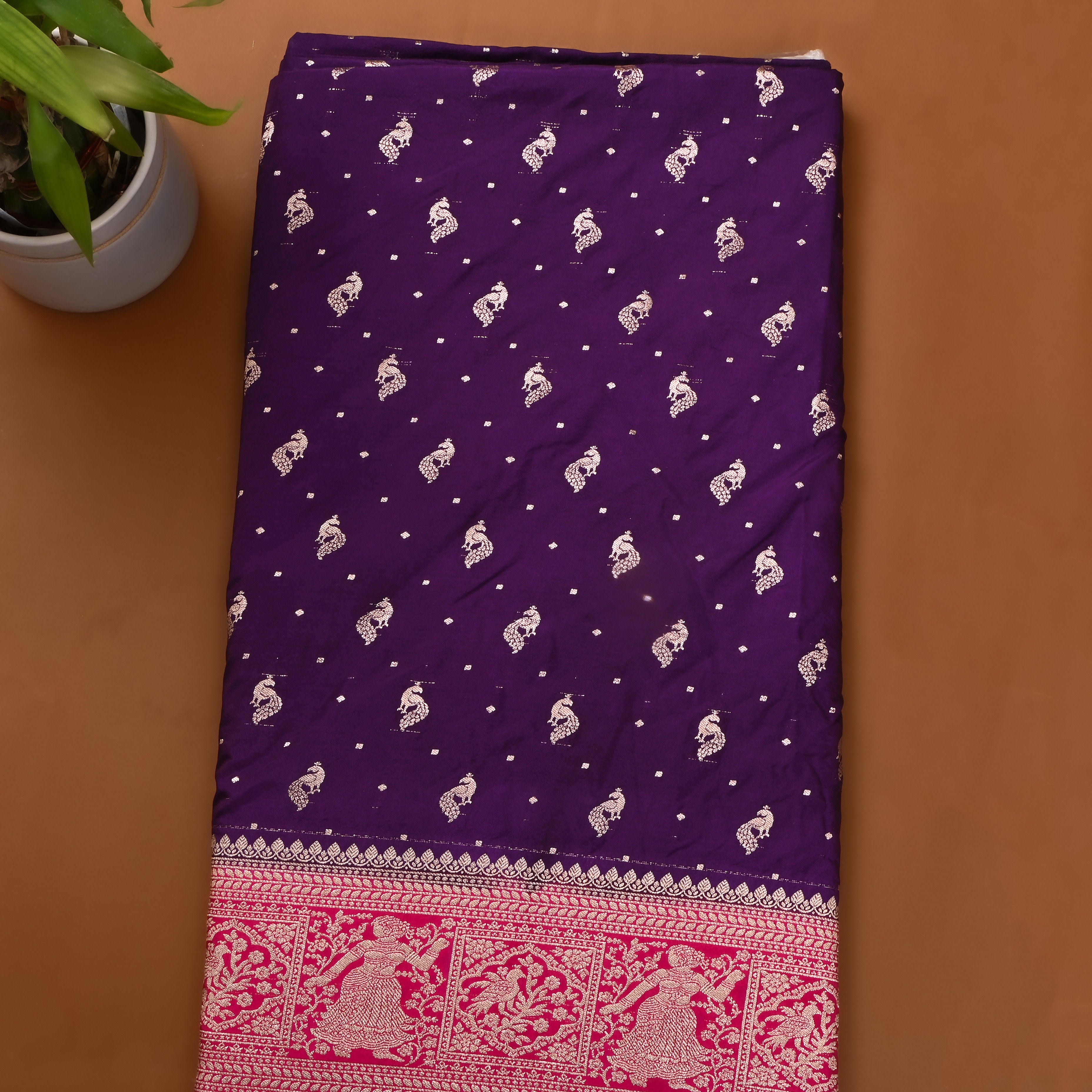 Dark Purple Peacock Butti Jamawar Silk Fabric