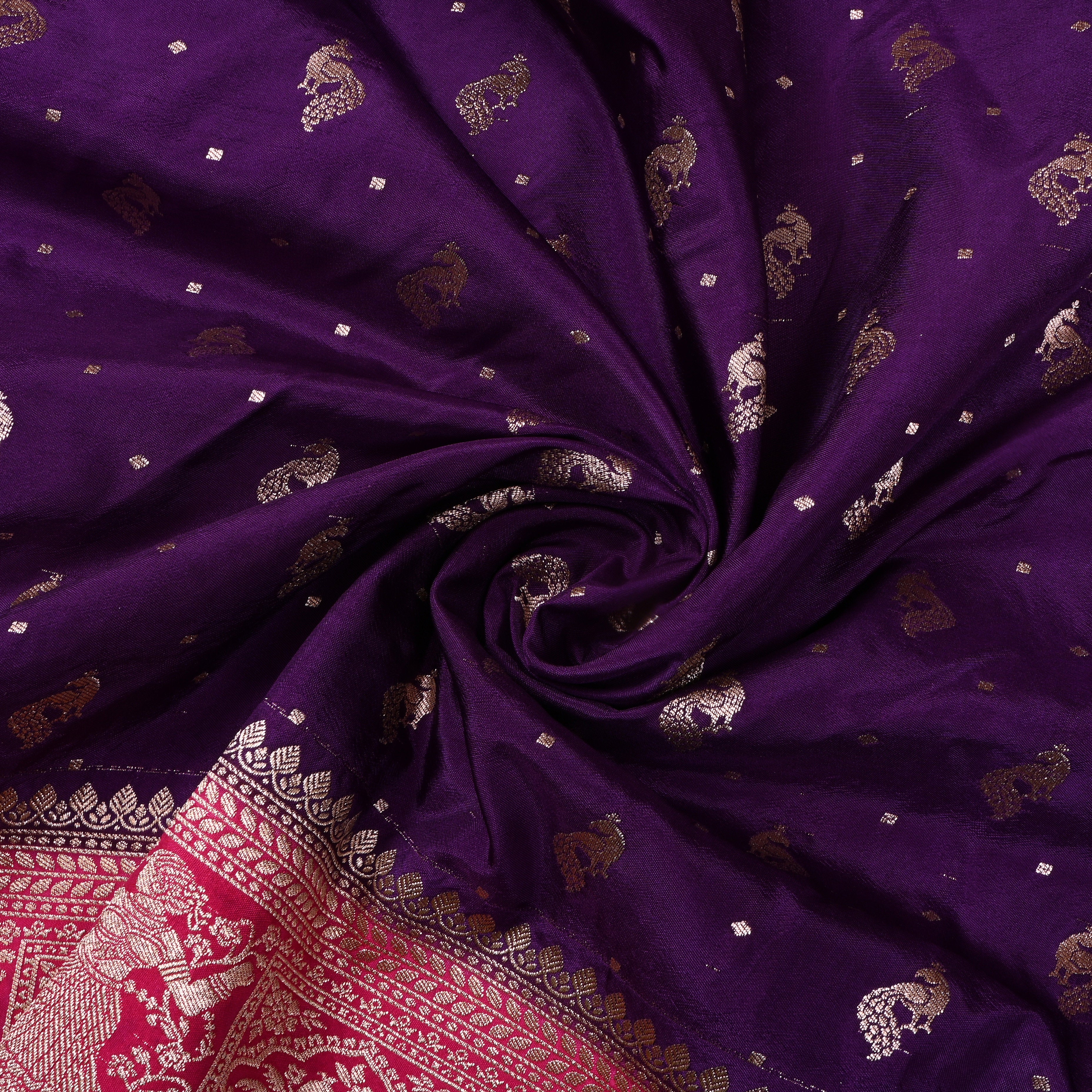 Dark Purple Peacock Butti Jamawar Silk Fabric