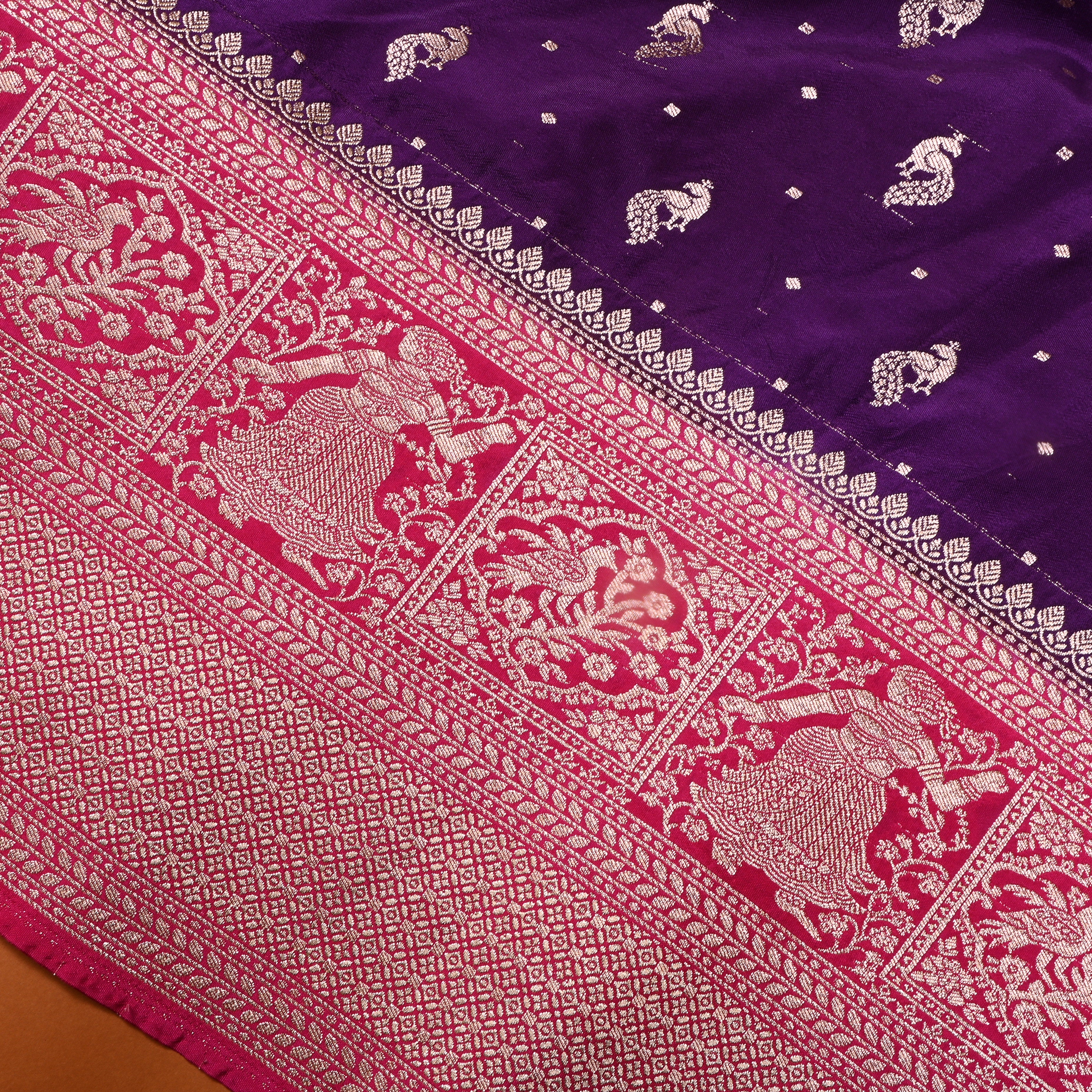 Dark Purple Peacock Butti Jamawar Silk Fabric