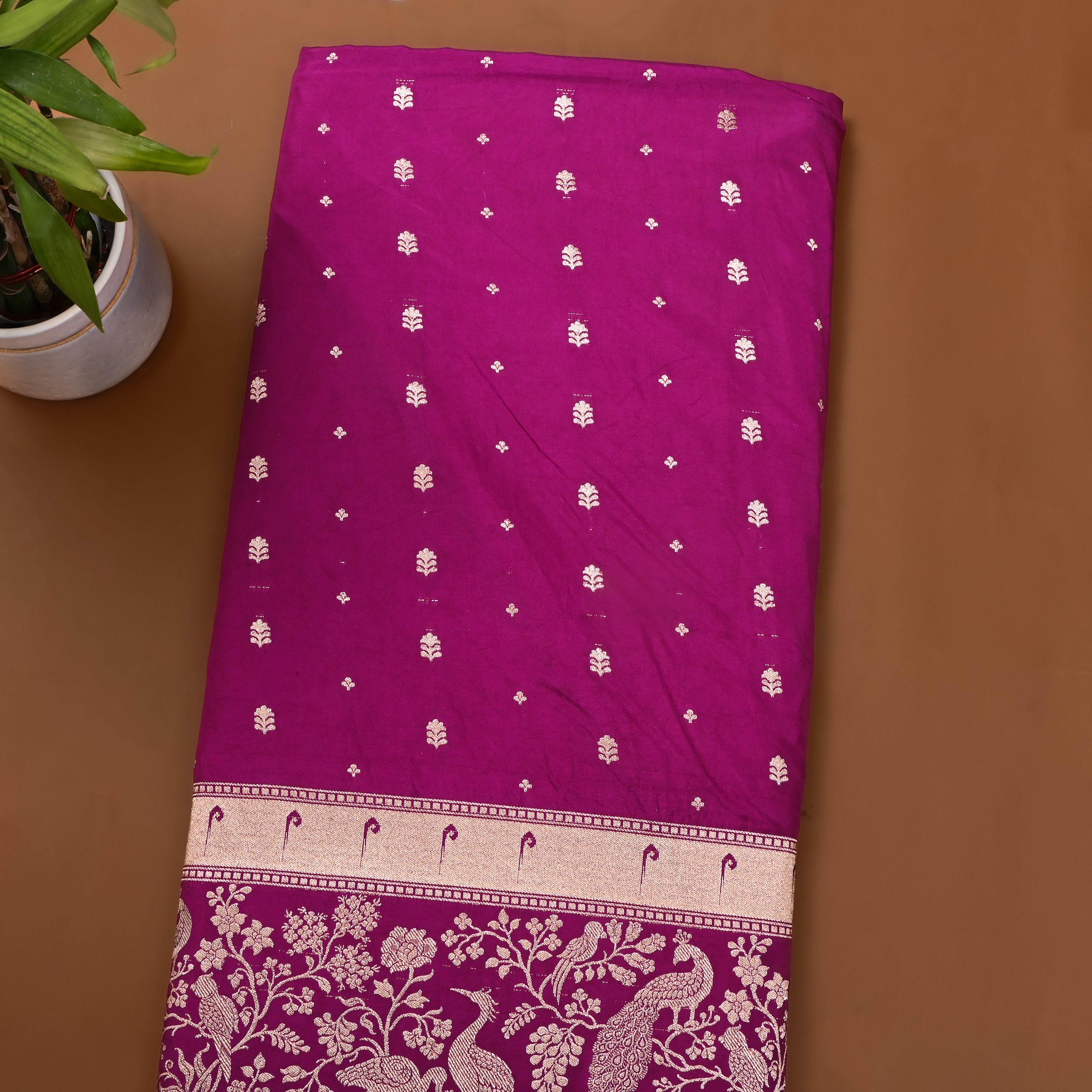 Purple Floral Butti Jamawar Silk Fabric