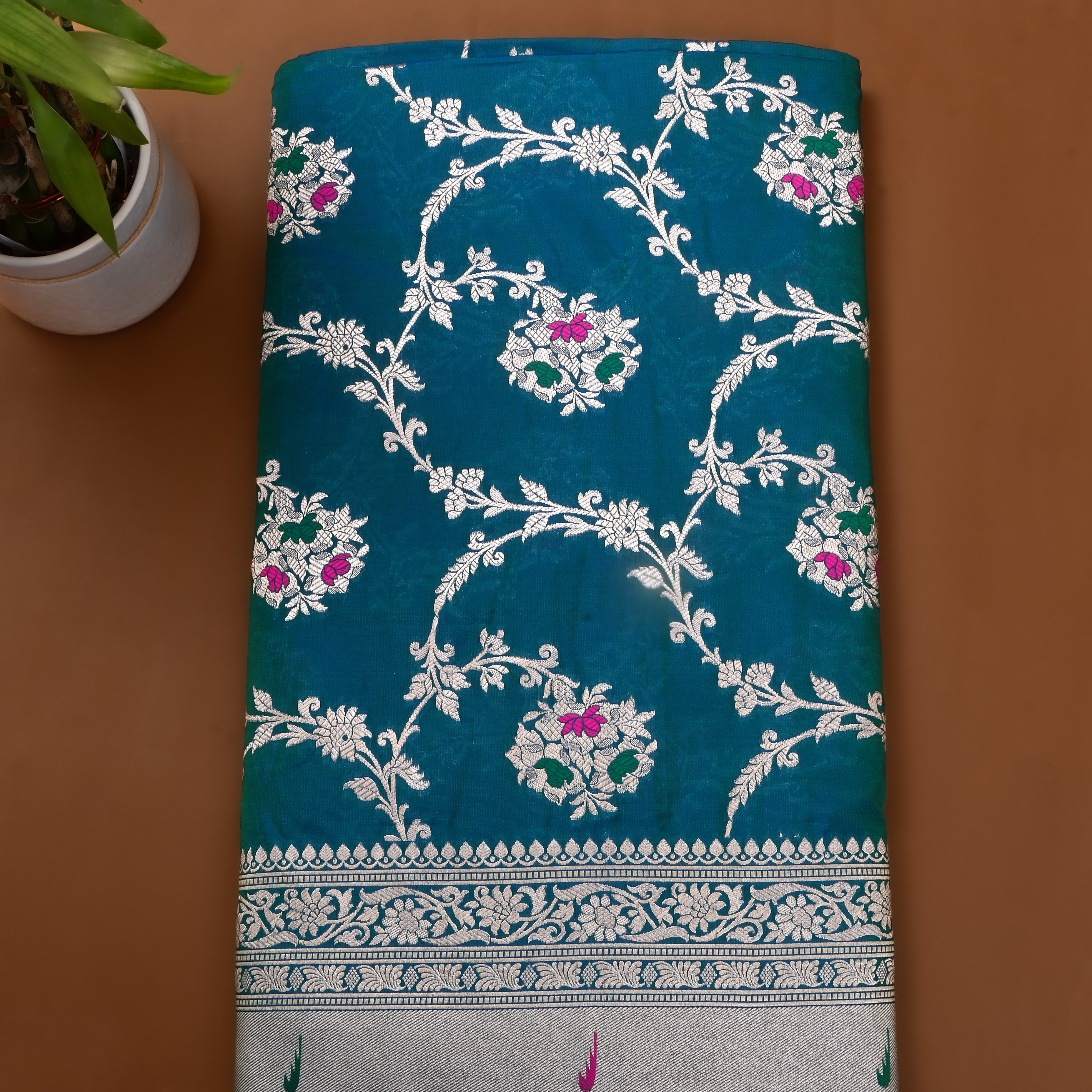 Teal Blue Jamawar Silk Fabric