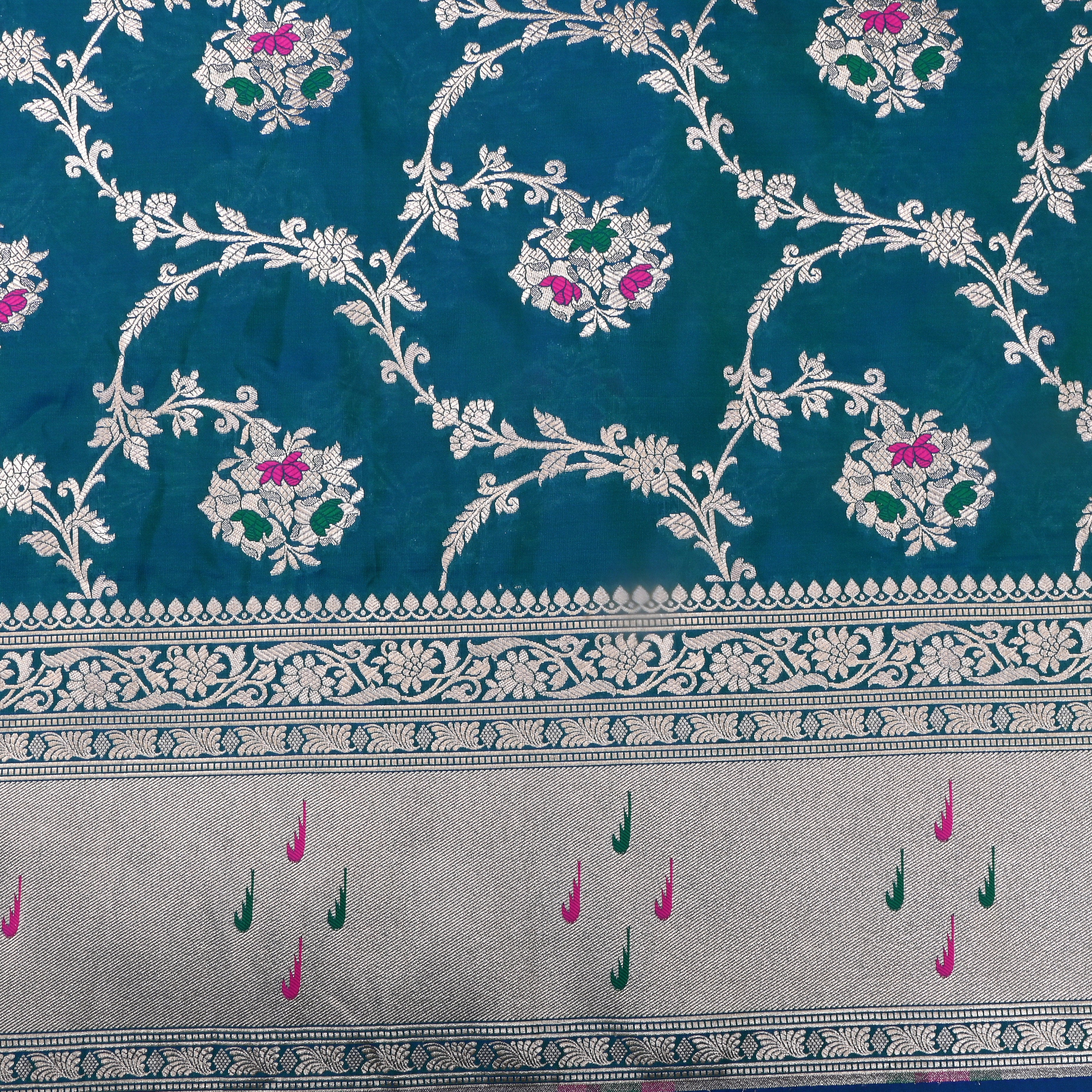 Teal Blue Jamawar Silk Fabric