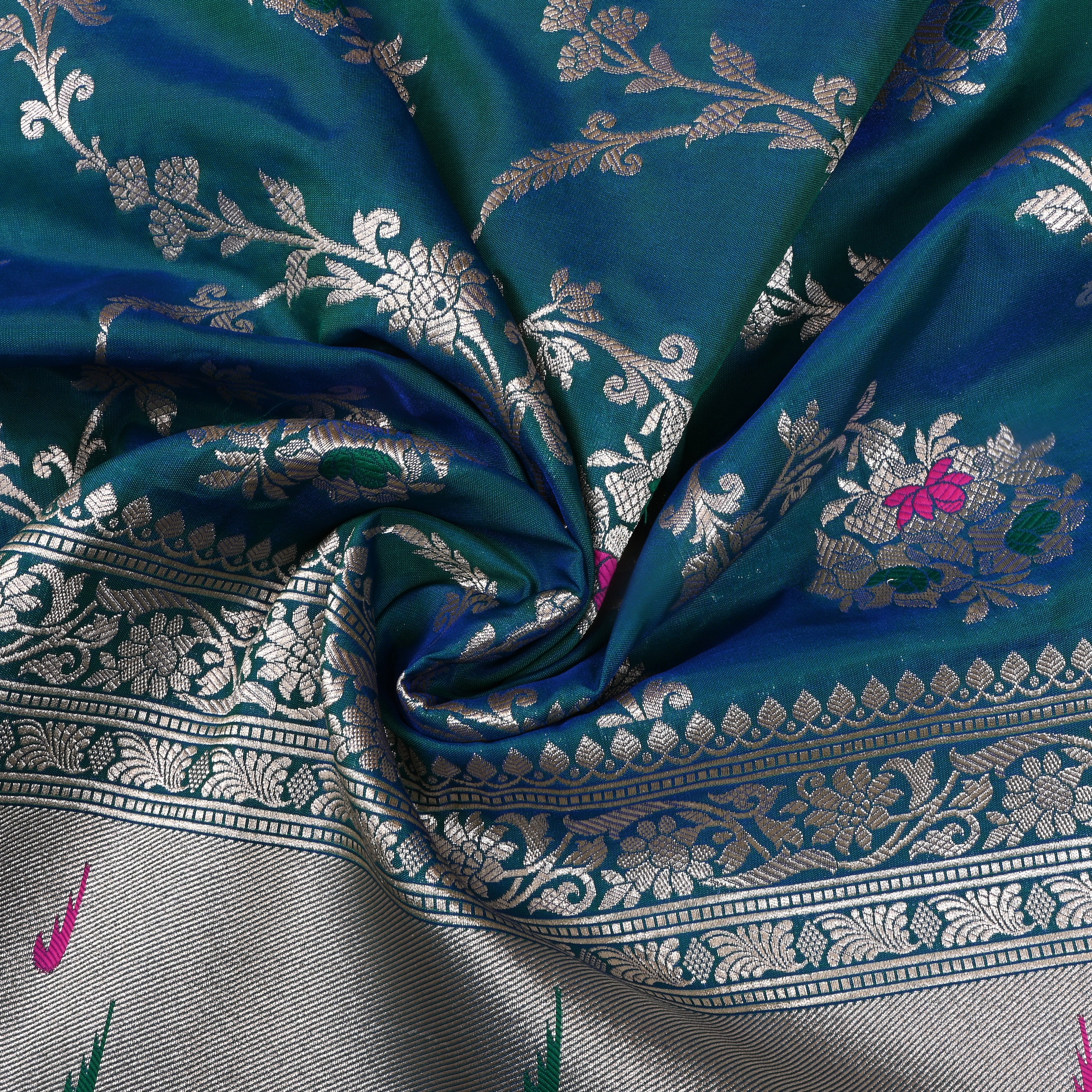 Teal Blue Jamawar Silk Fabric