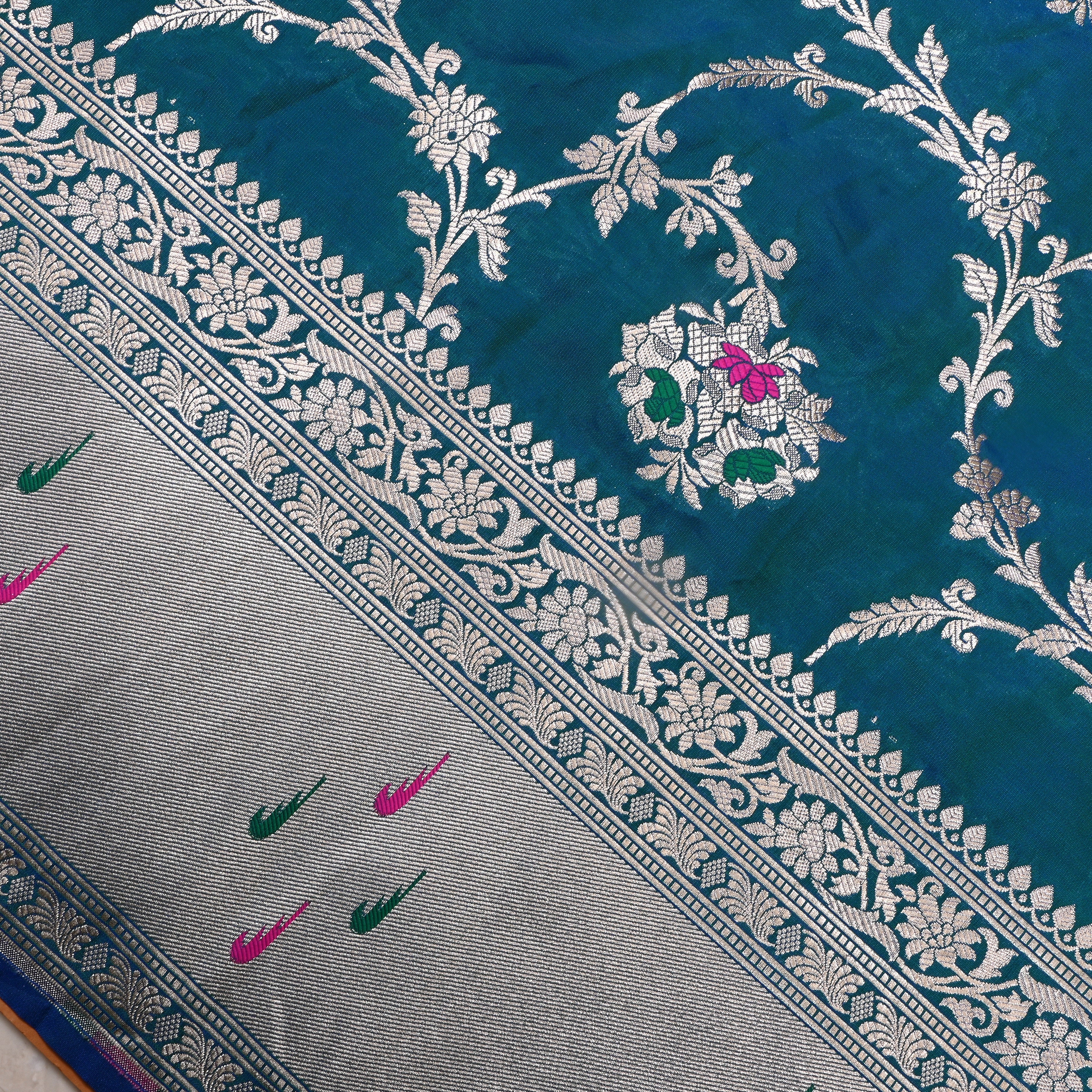 Teal Blue Jamawar Silk Fabric