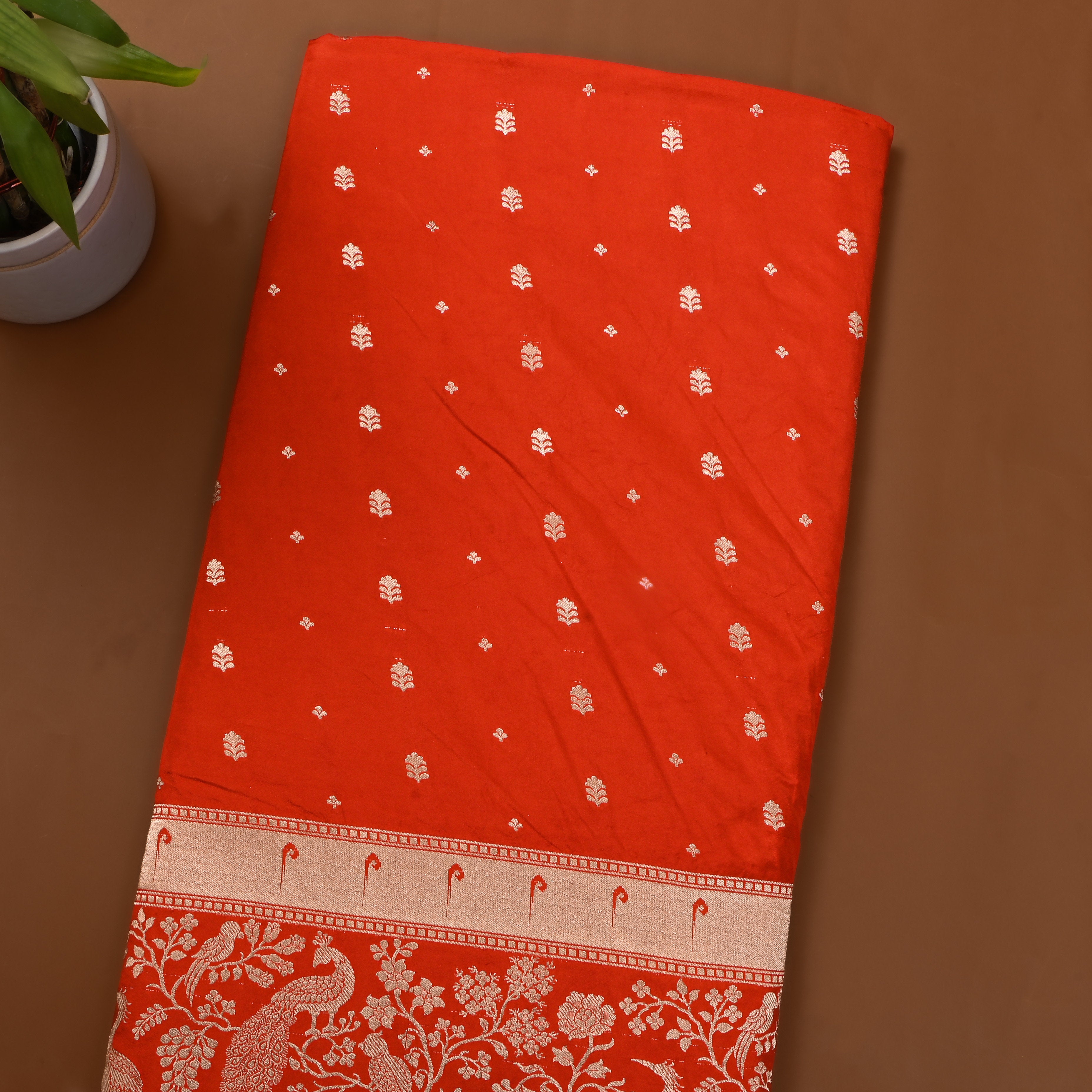 Rich Orange Floral Butti Jamawar Silk Fabric