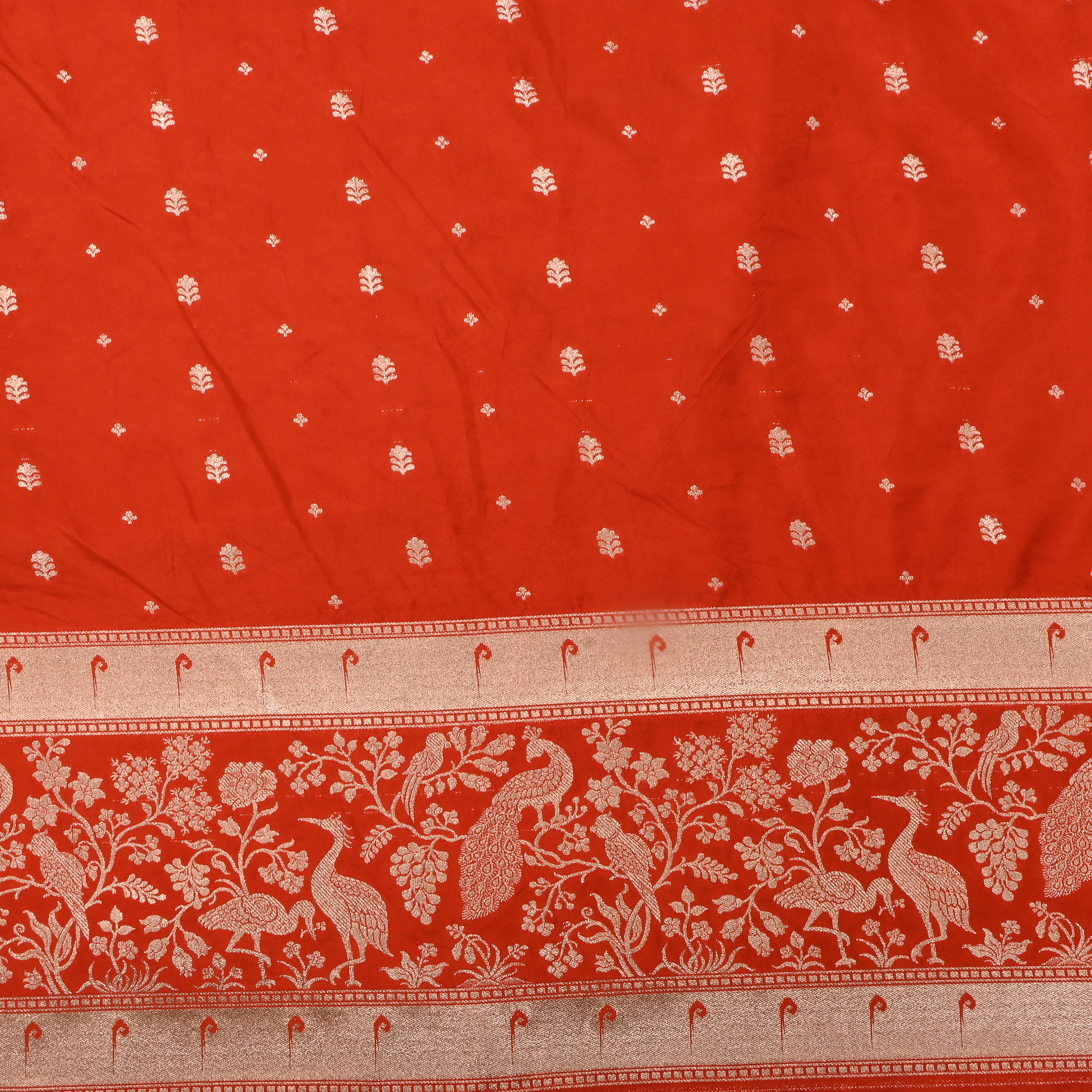 Rich Orange Floral Butti Jamawar Silk Fabric