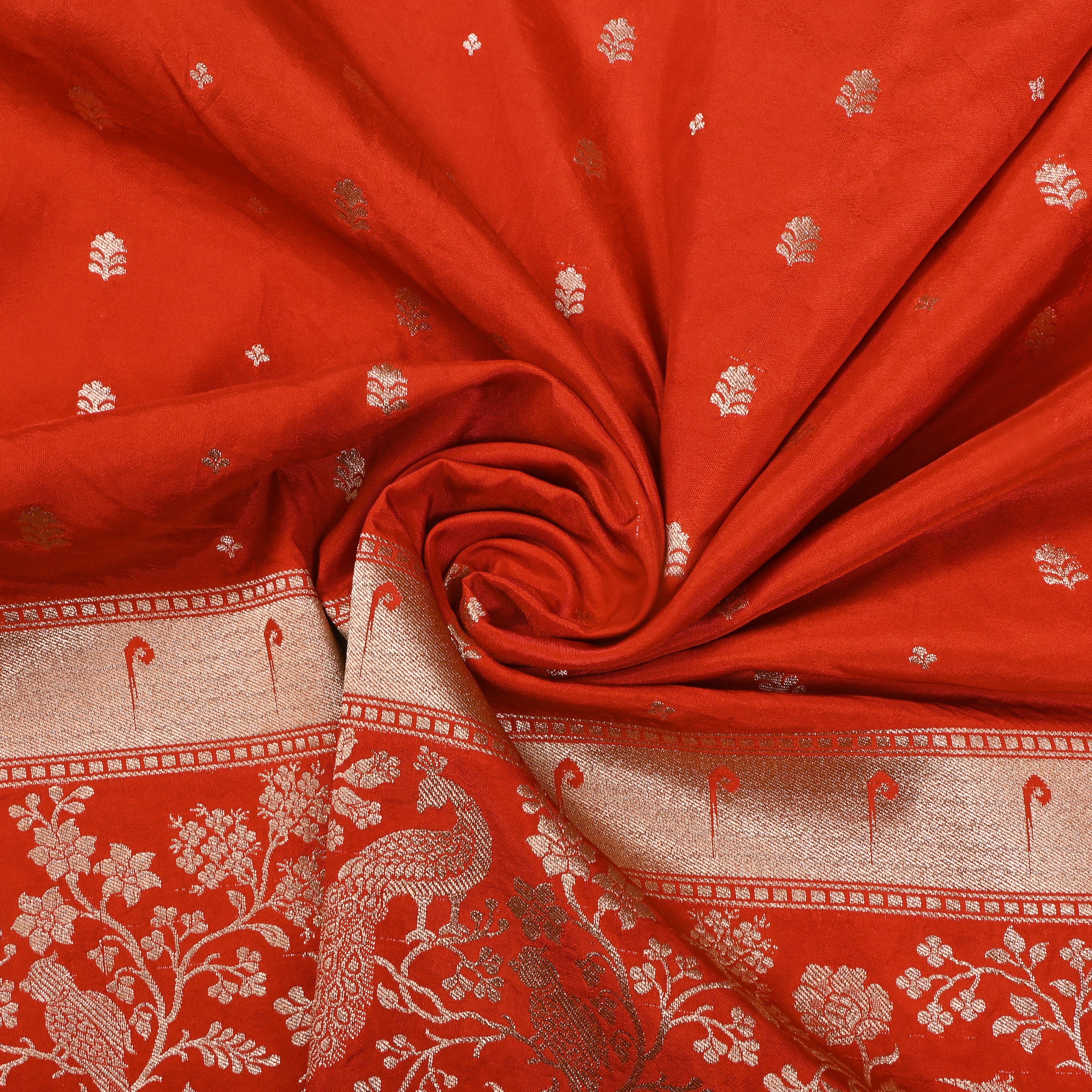 Rich Orange Floral Butti Jamawar Silk Fabric