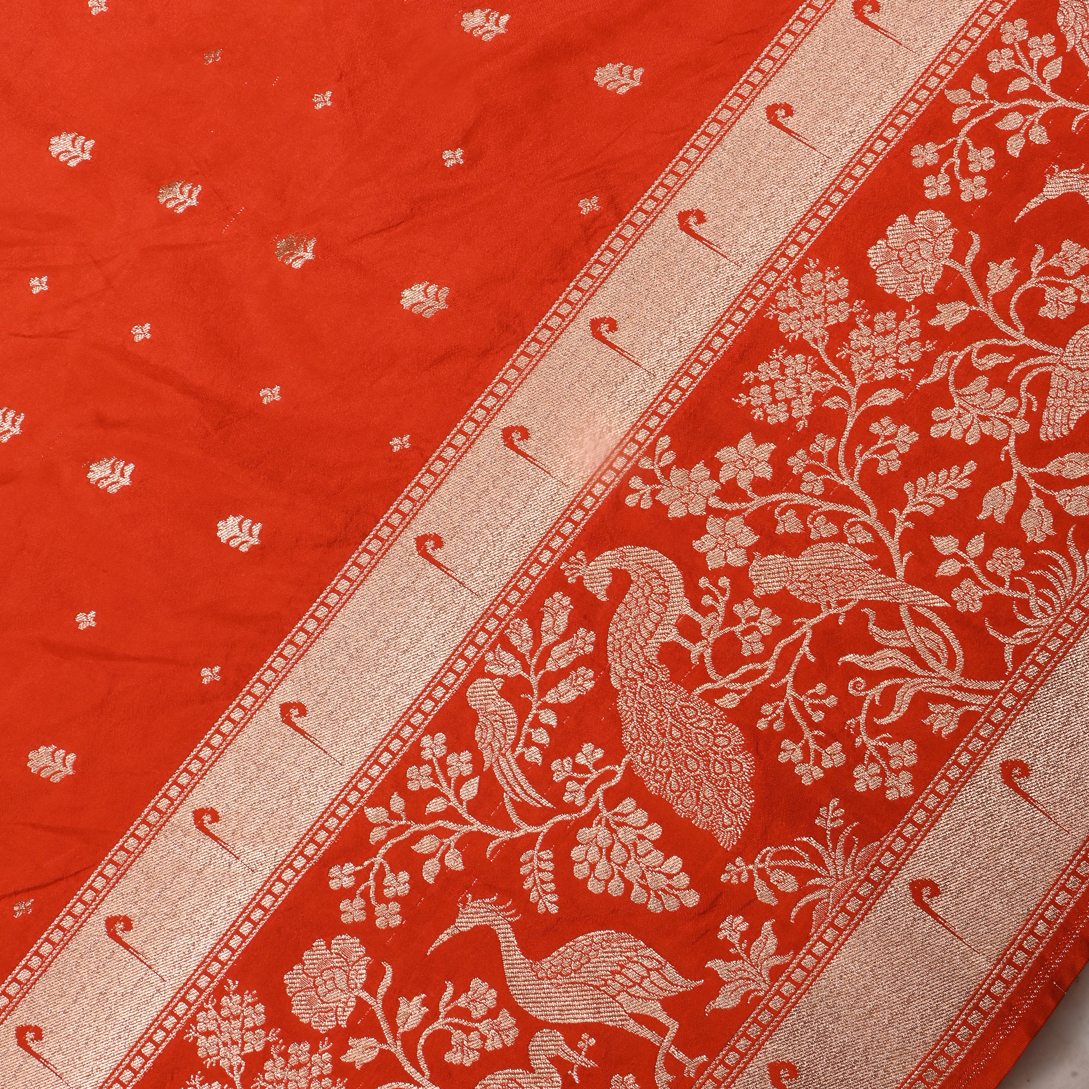 Rich Orange Floral Butti Jamawar Silk Fabric