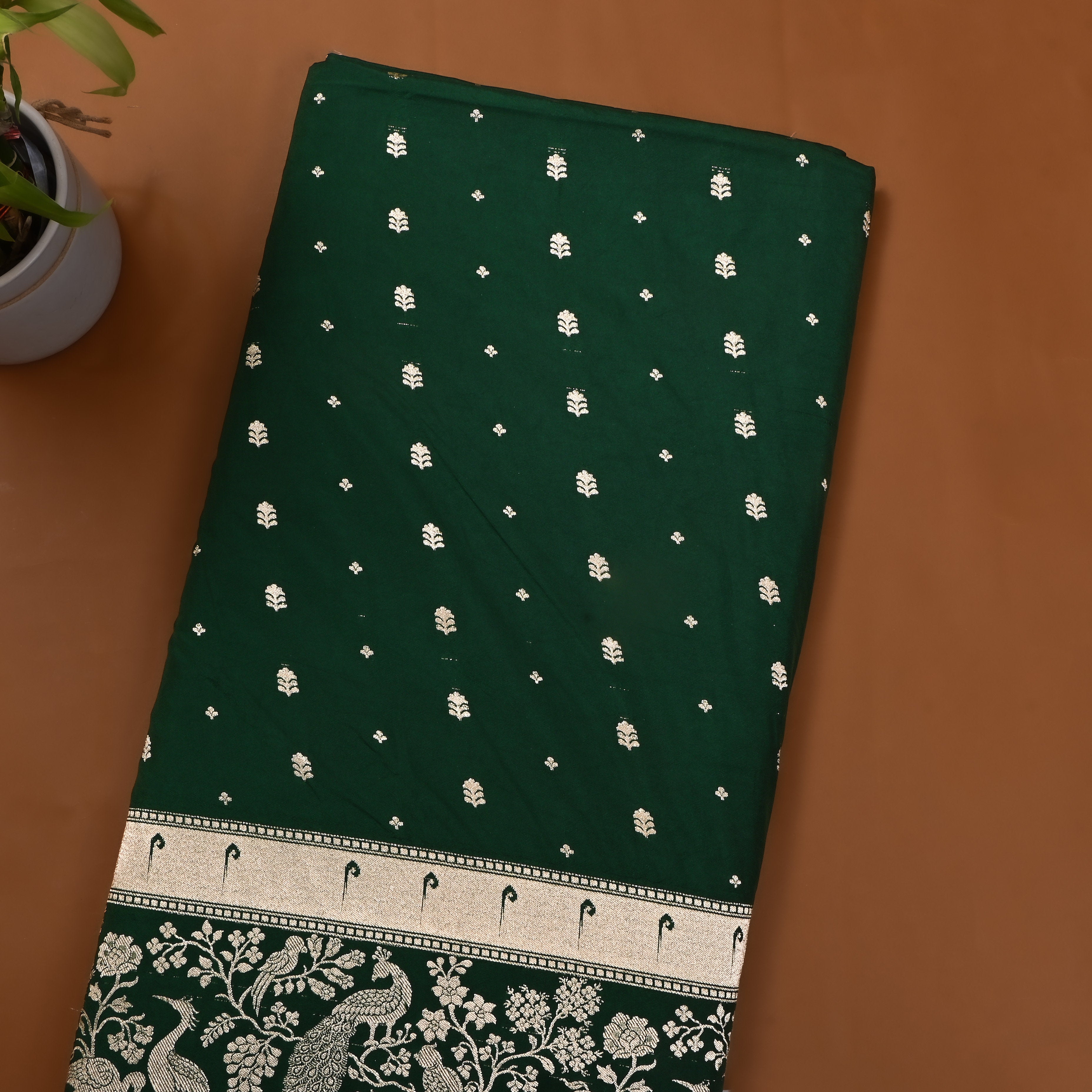 Bottle Green Floral Butti Jamawar Silk Fabric