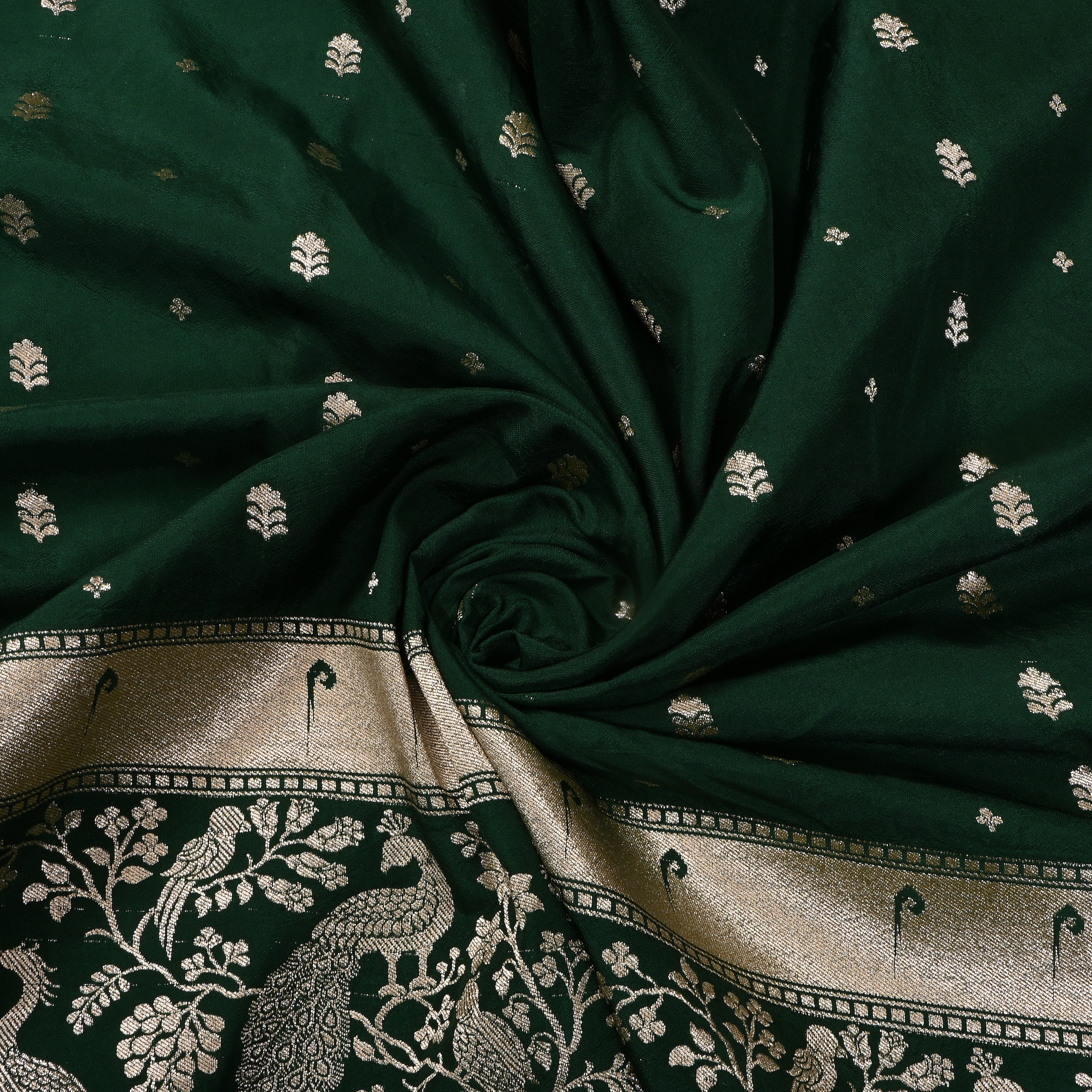 Bottle Green Floral Butti Jamawar Silk Fabric