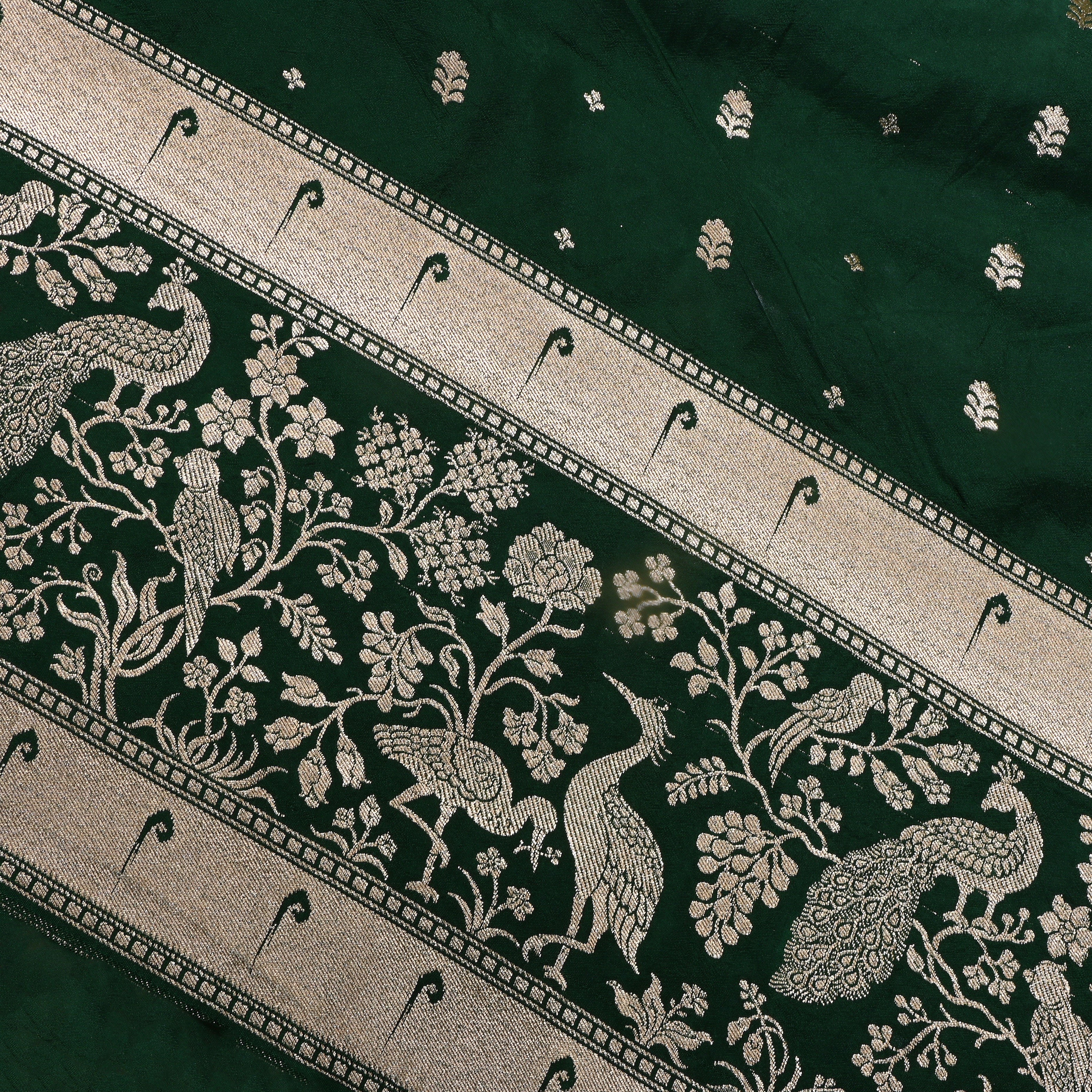 Bottle Green Floral Butti Jamawar Silk Fabric