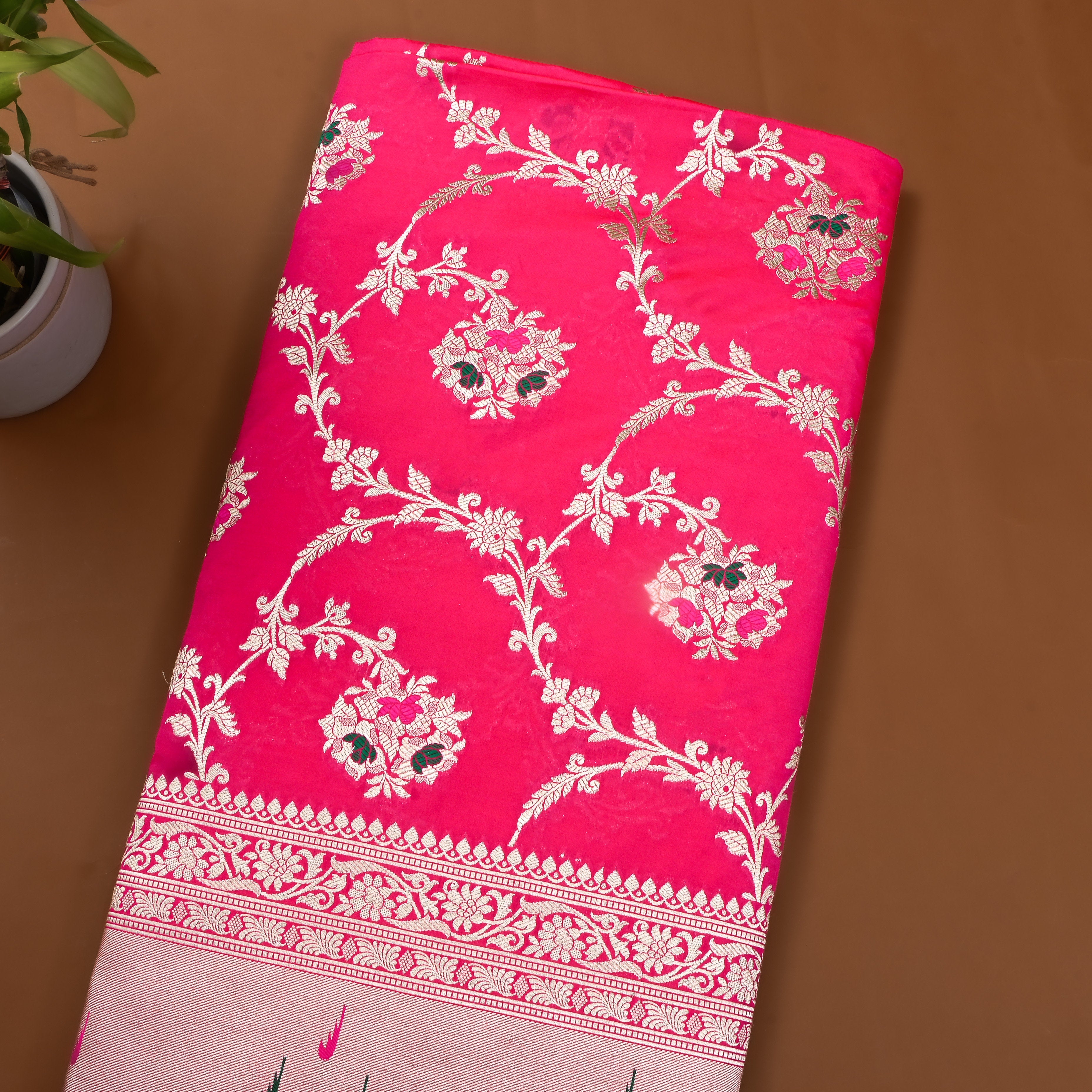 Rose Pink Jamawar Silk Fabric