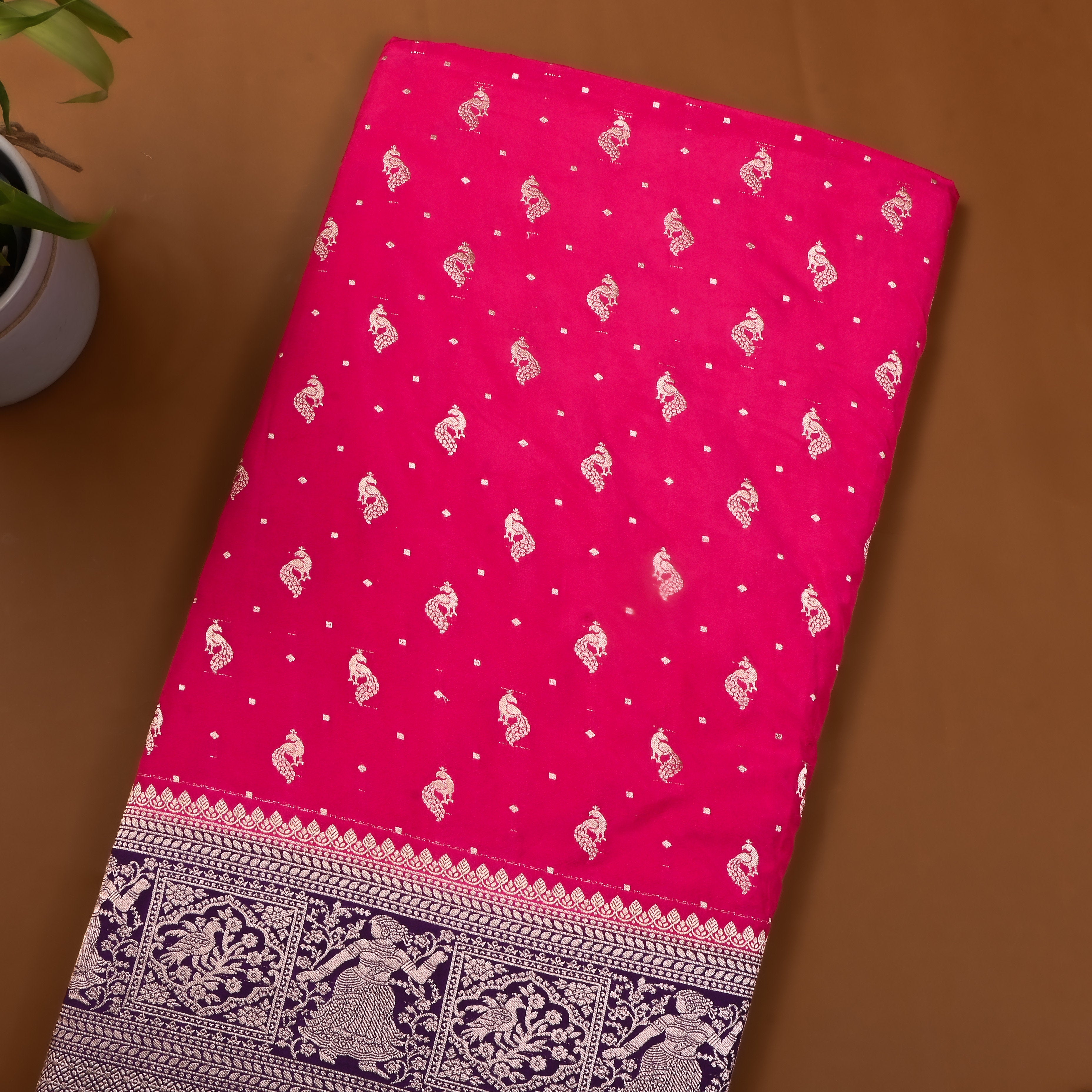 Rose Pink Peacock Butti Jamawar Silk Fabric