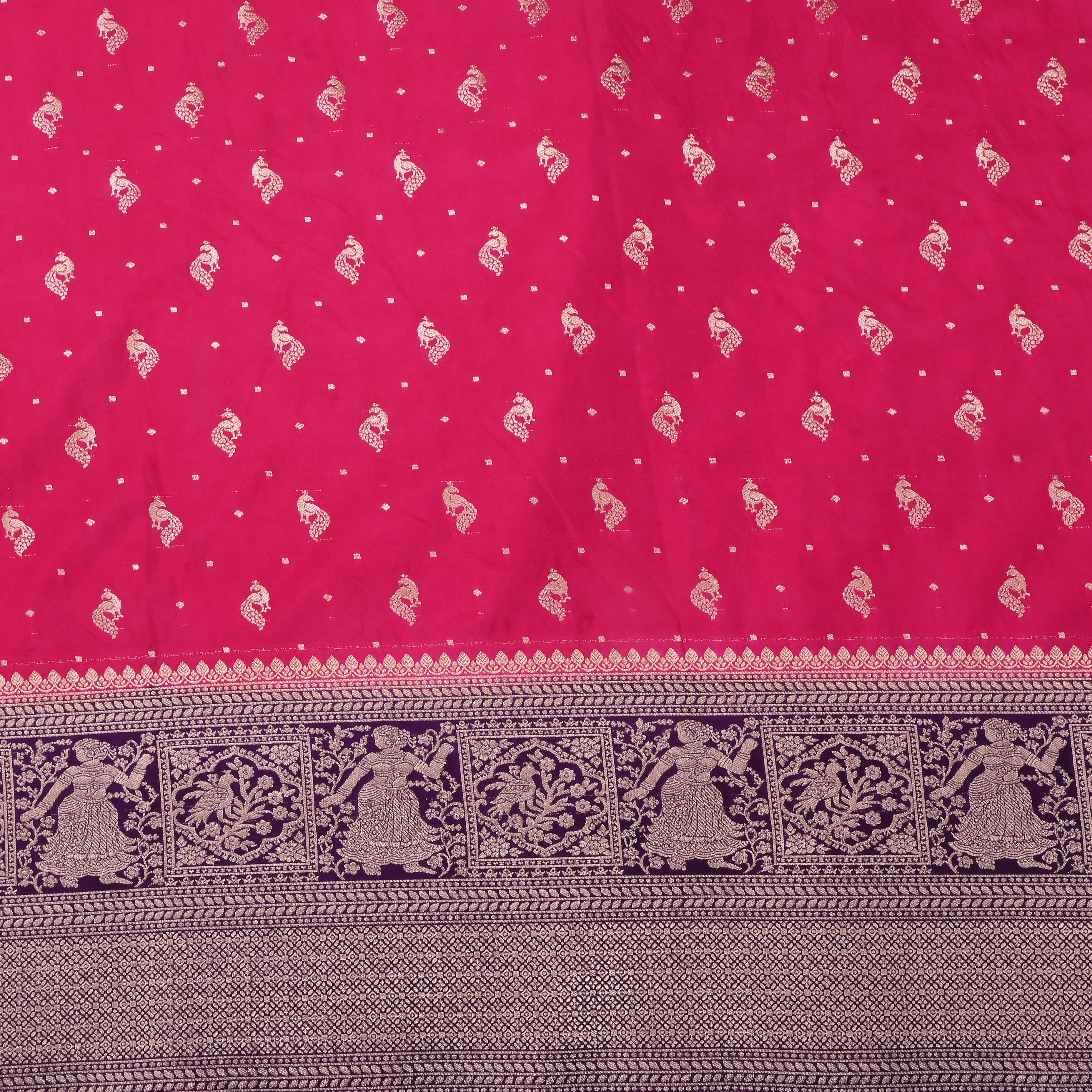 Rose Pink Peacock Butti Jamawar Silk Fabric