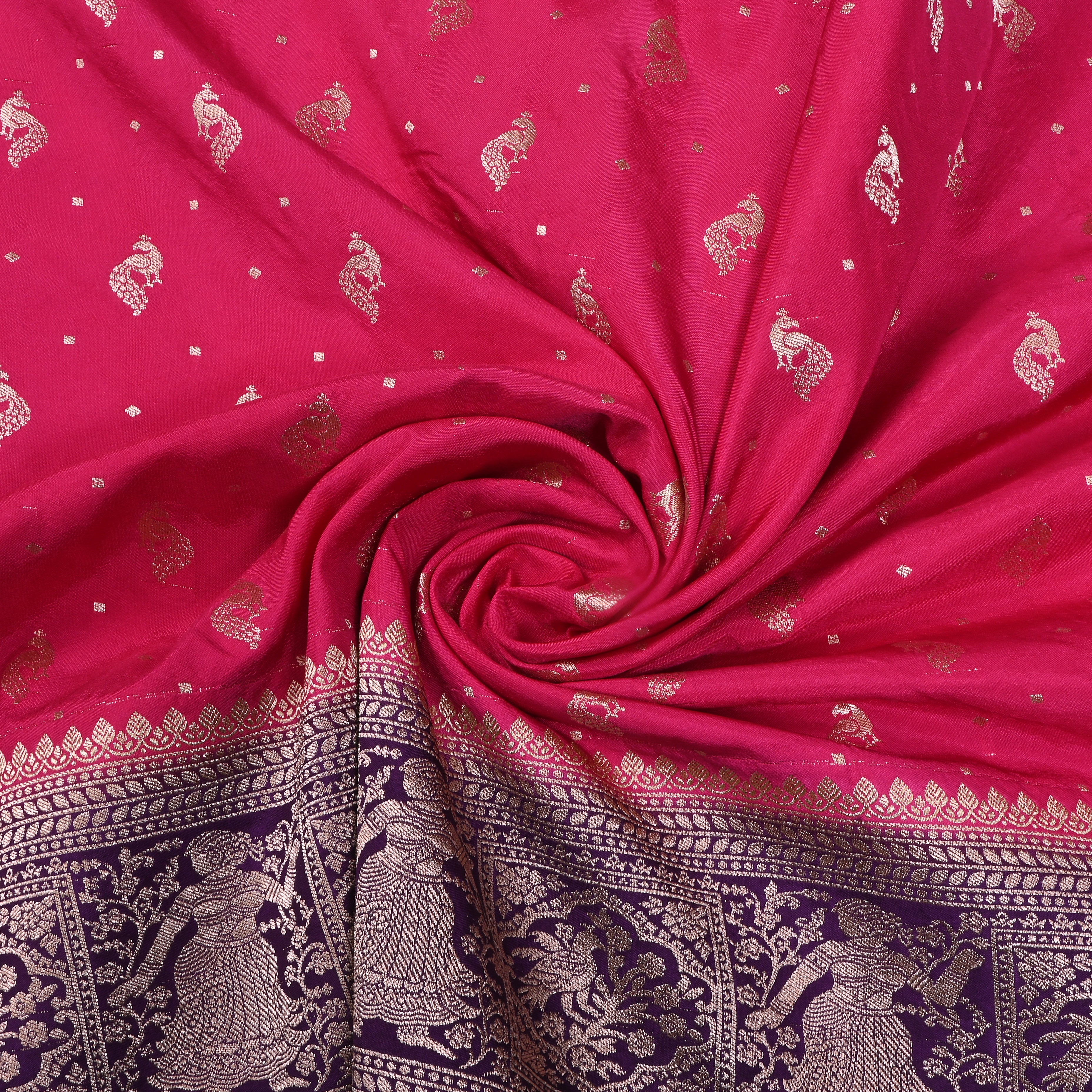 Rose Pink Peacock Butti Jamawar Silk Fabric