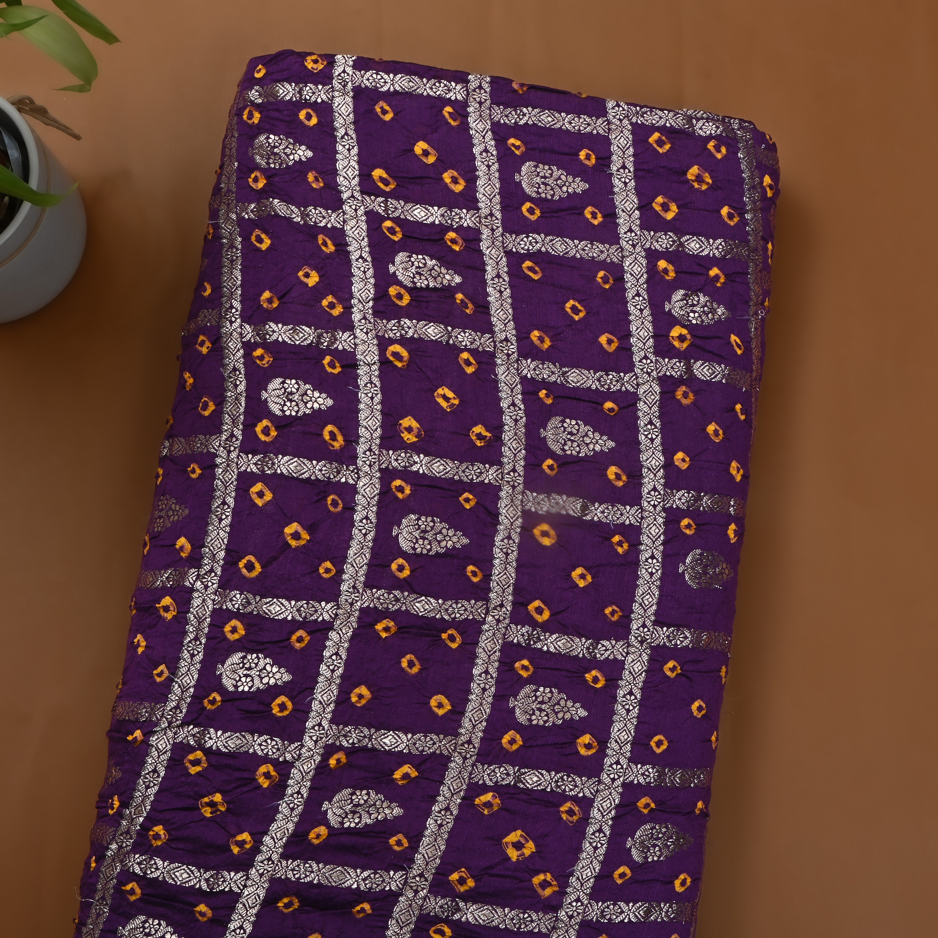 Dark Purple Bandhani Silk Zari Woven Fabric