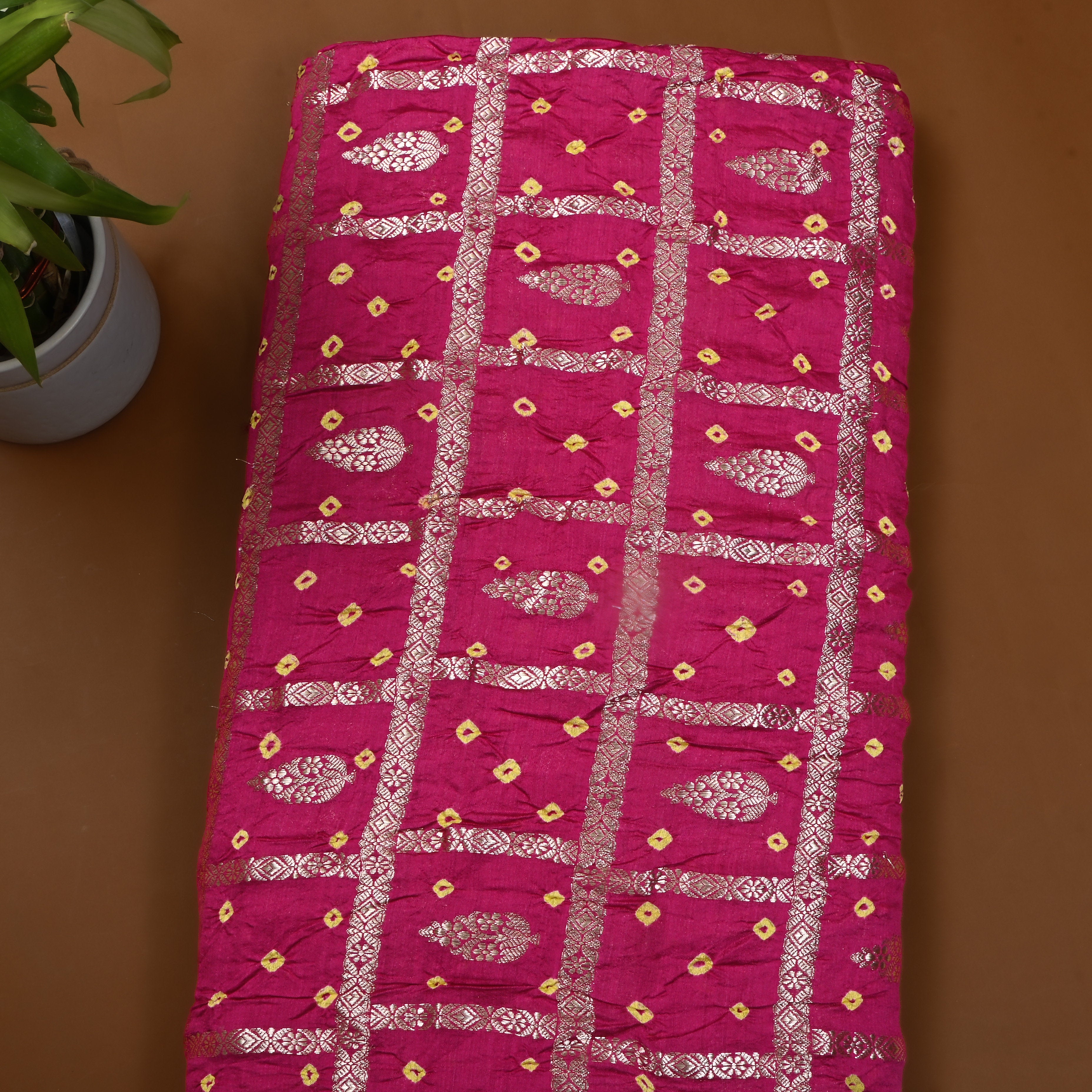 Pink Bandhani Silk Zari Woven Fabric