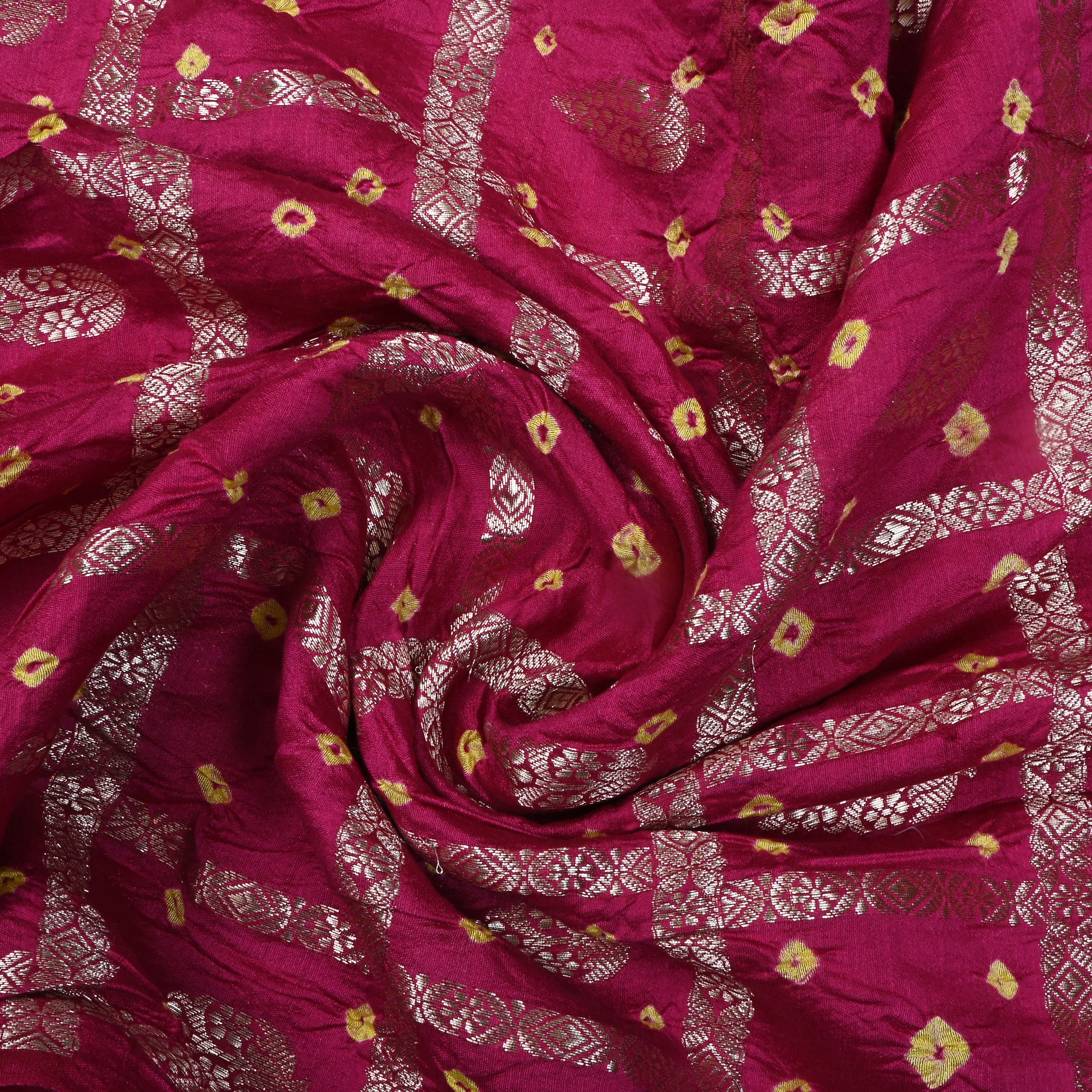 Pink Bandhani Silk Zari Woven Fabric