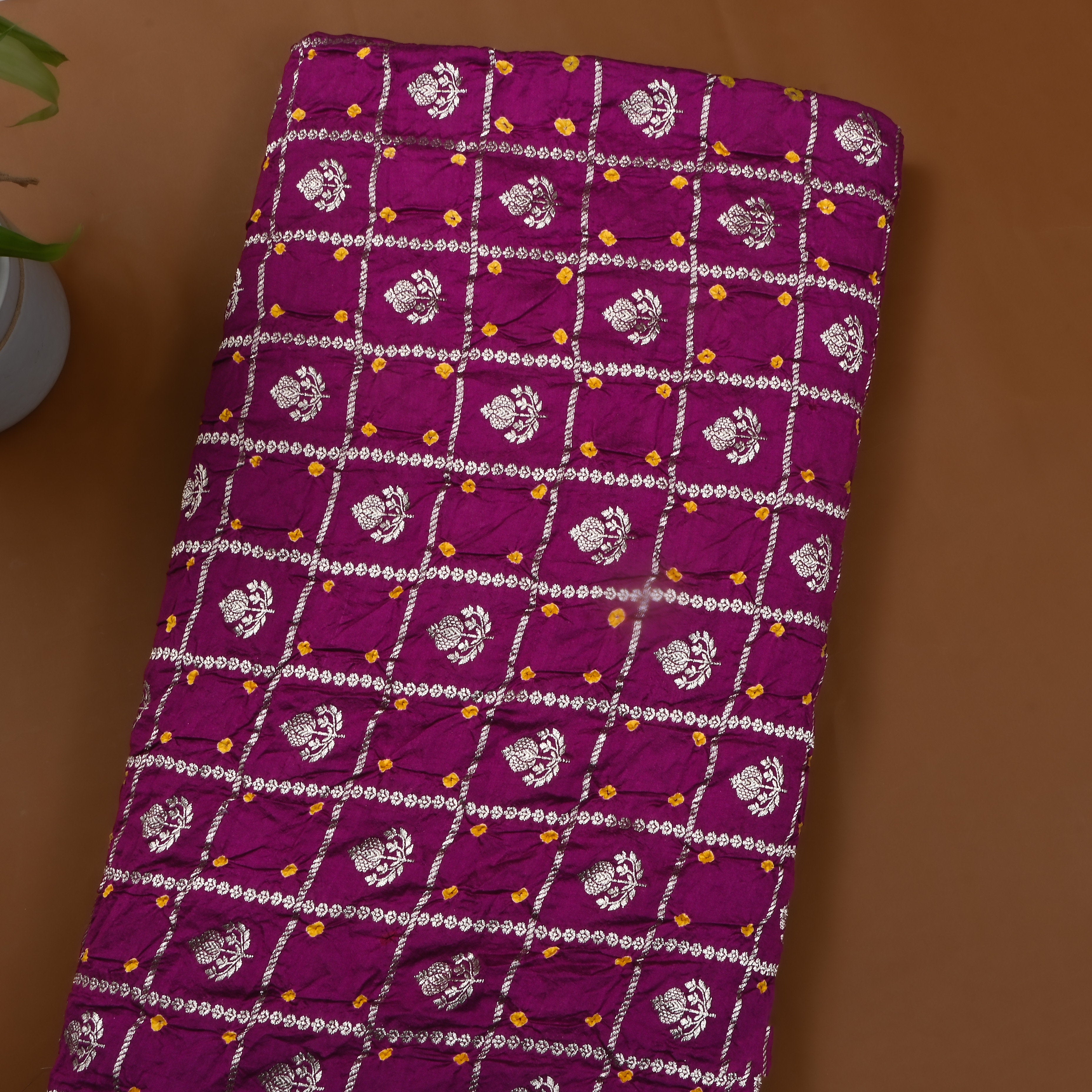 Magenta Purple Zari Woven Silk Bandhani Fabric