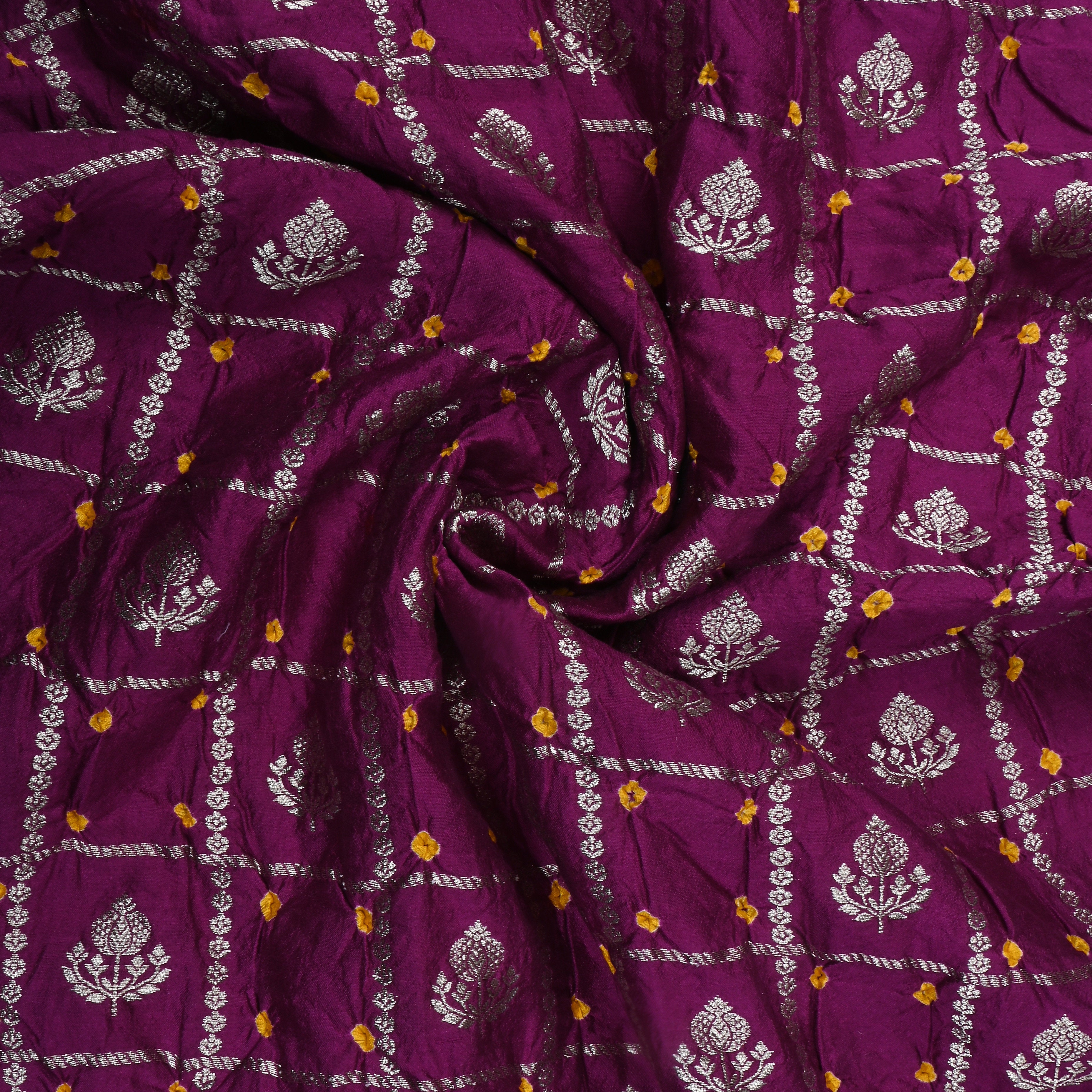 Magenta Purple Zari Woven Silk Bandhani Fabric