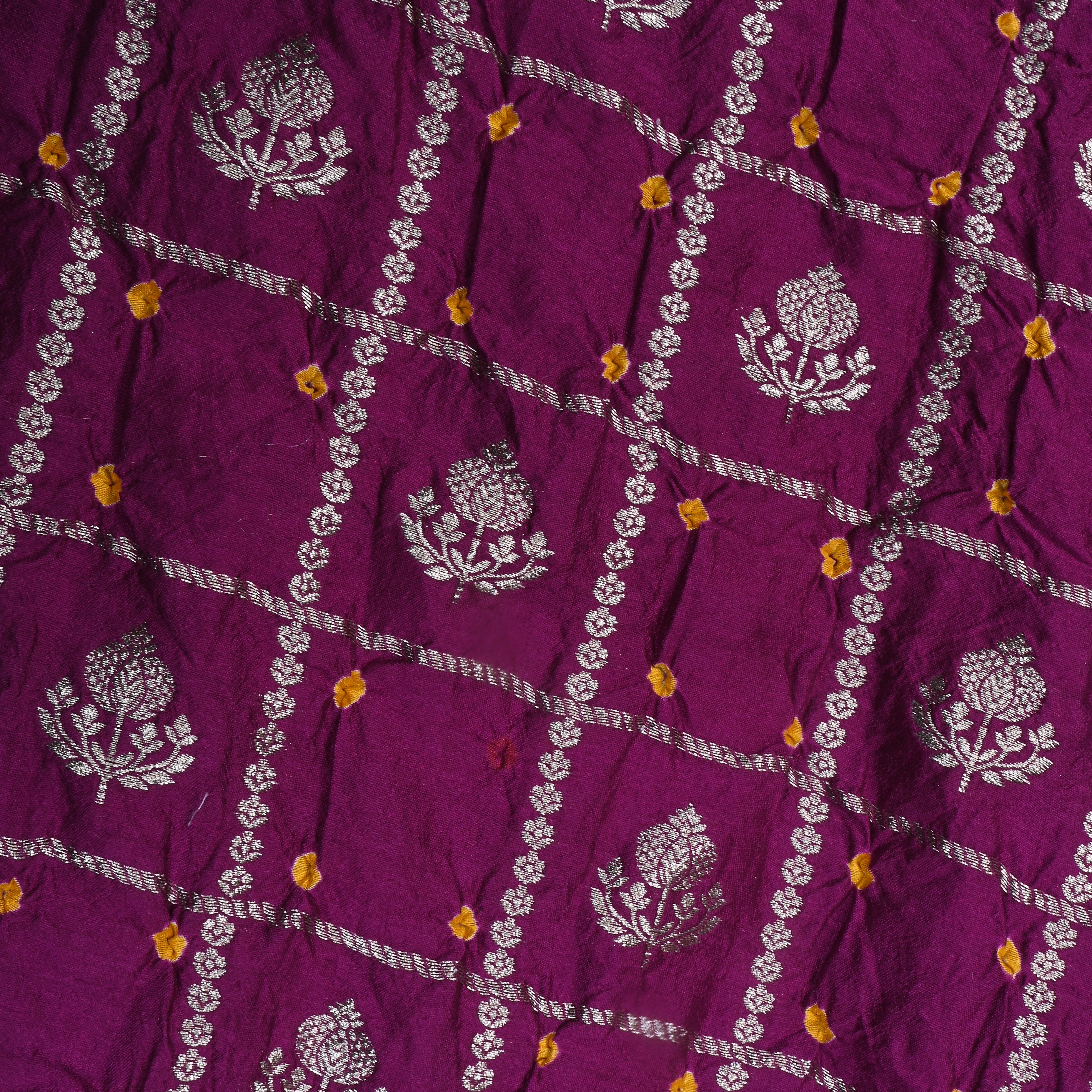 Magenta Purple Zari Woven Silk Bandhani Fabric