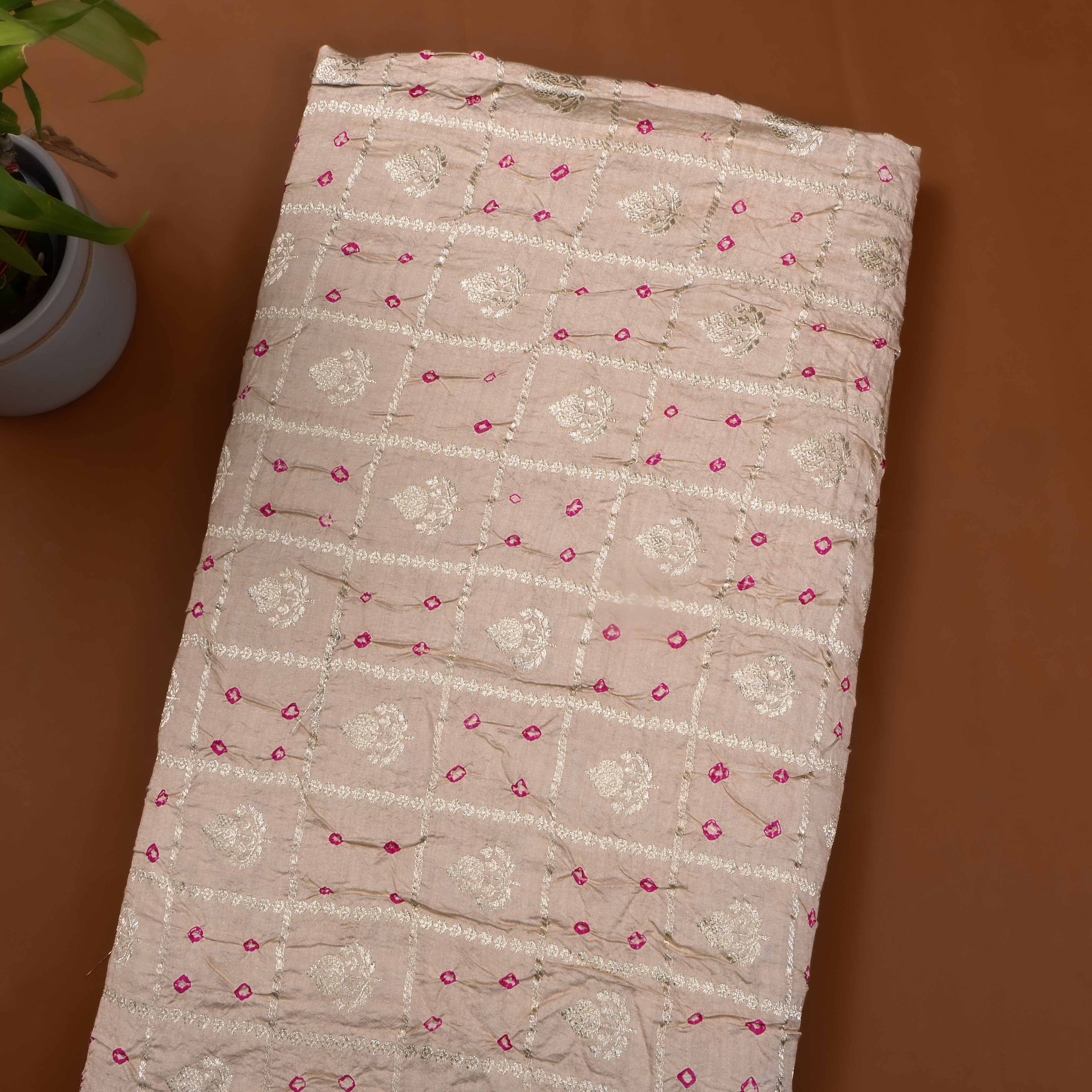 Soft Beige Zari Woven Silk Bandhani Fabric