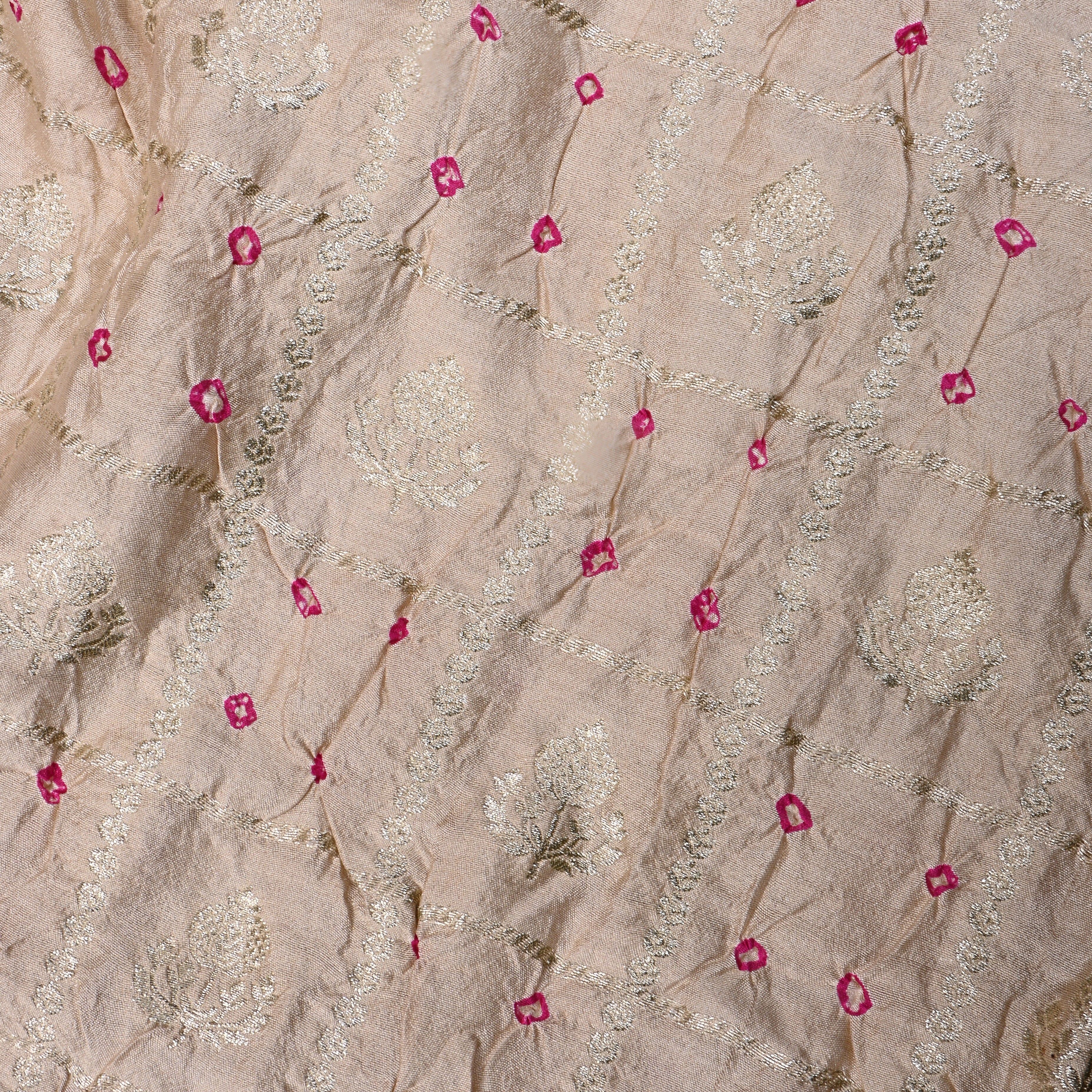 Soft Beige Zari Woven Silk Bandhani Fabric