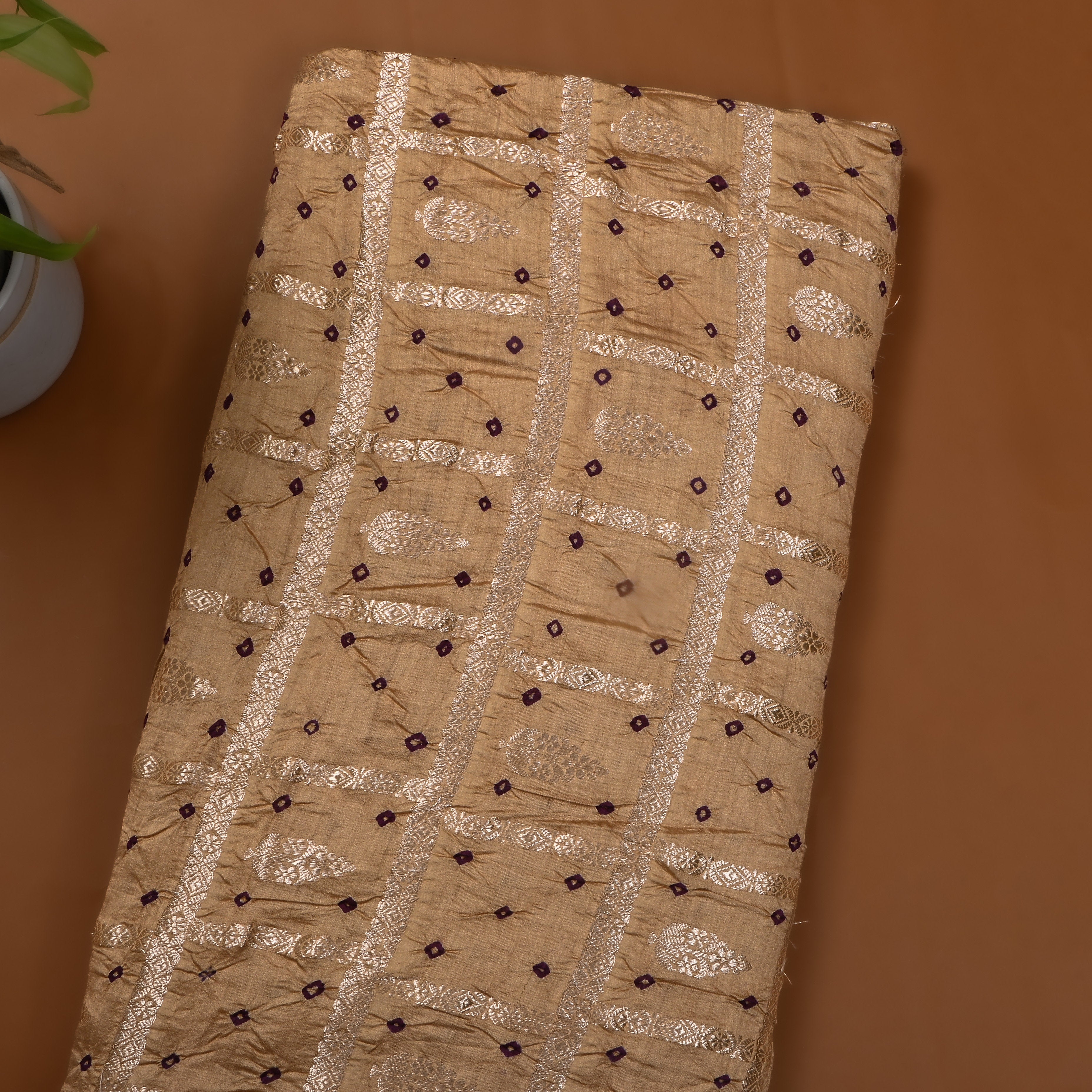 Beige Bandhani Silk Zari Woven Fabric