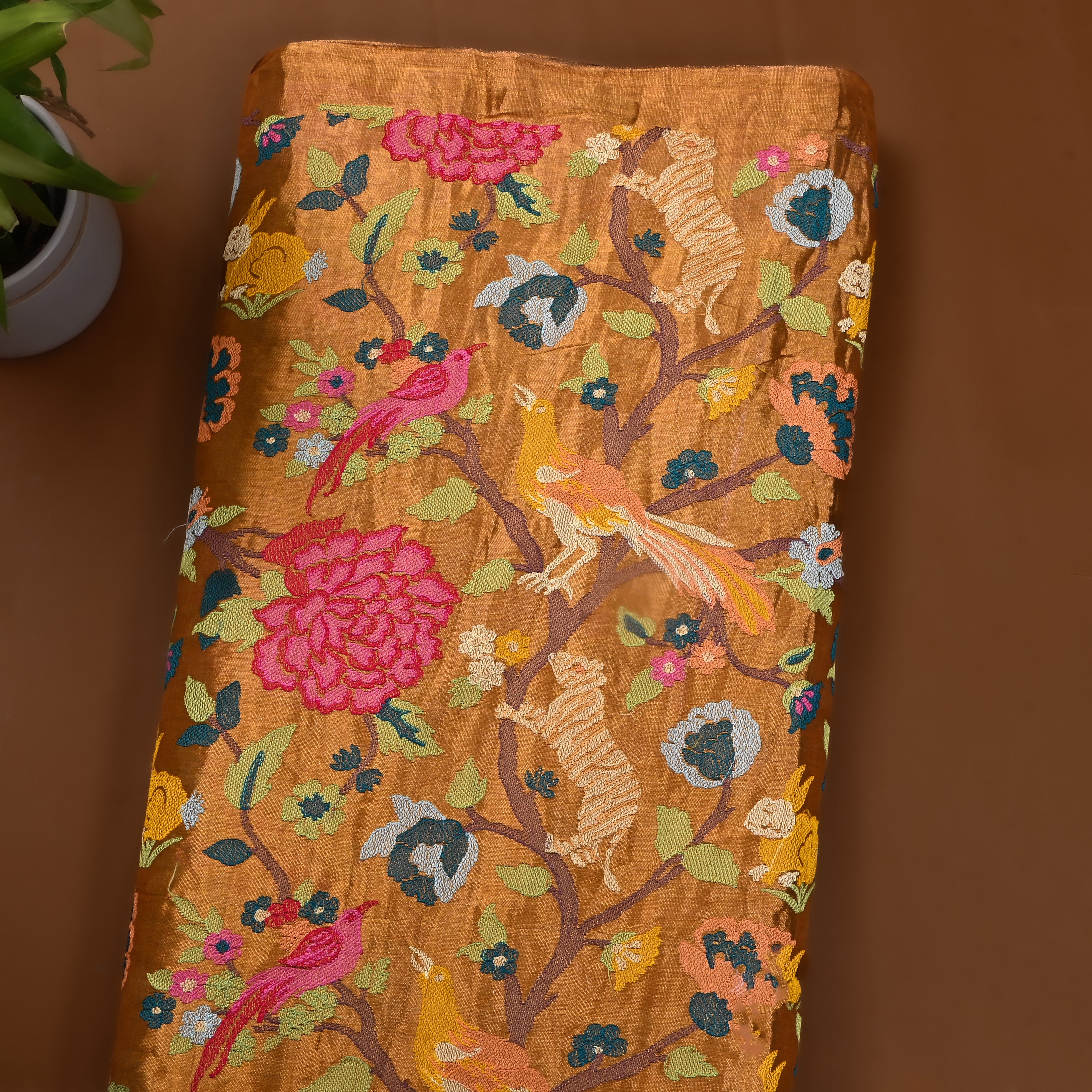 Golden Thread Embroidered Tissue Fabric