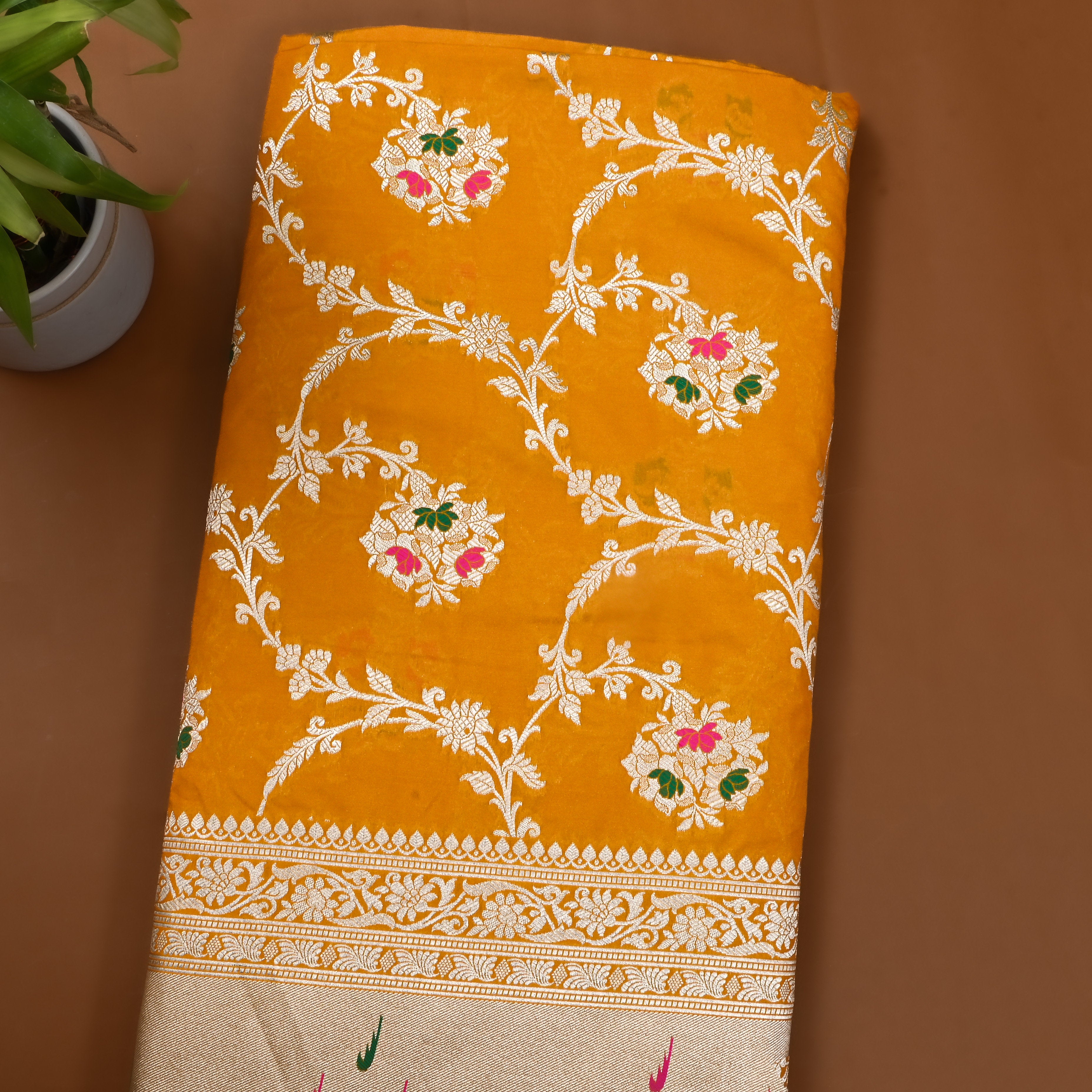 Turmeric Yellow Jamawar Silk Fabric