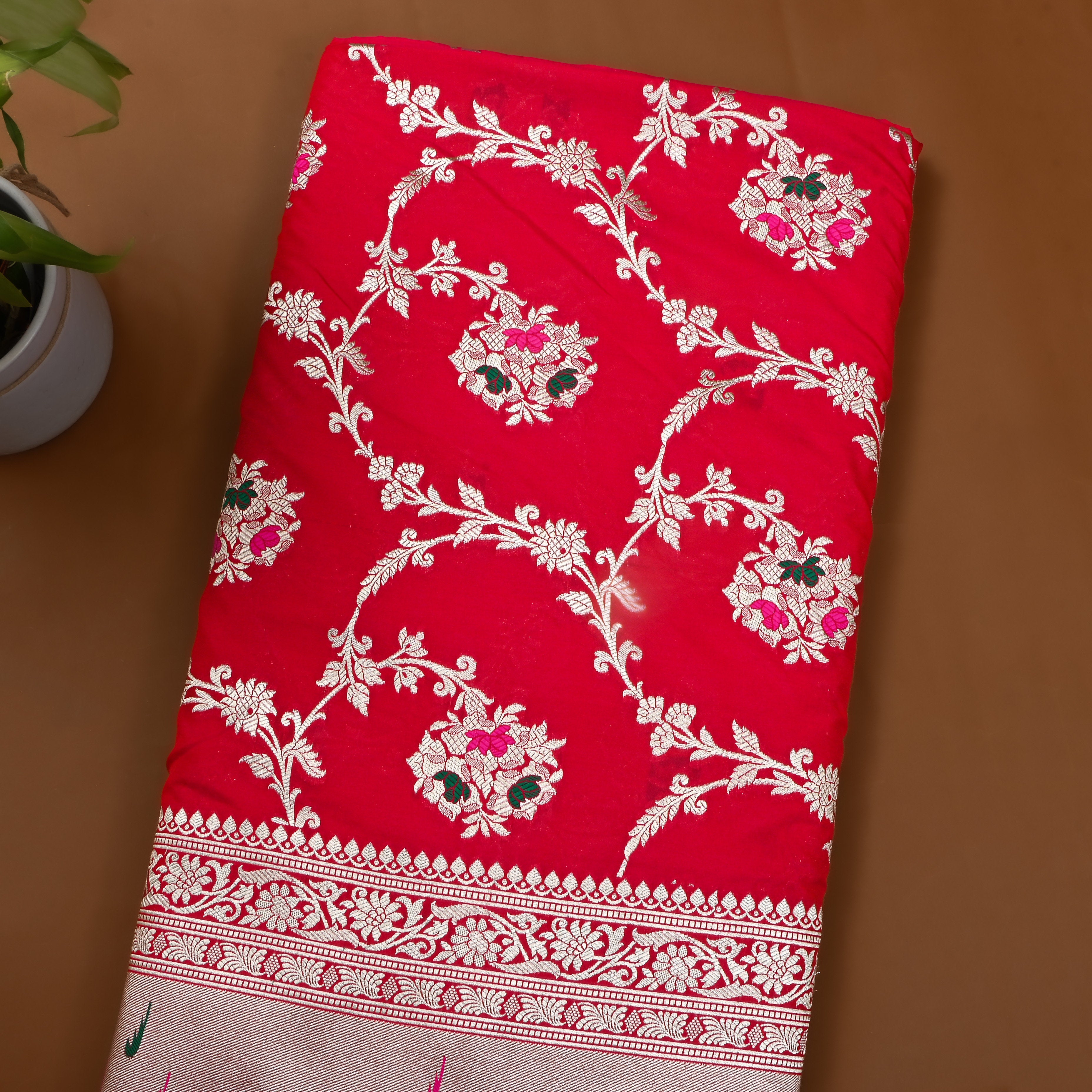 Bright Red Zari Woven Kanchi Silk Fabric
