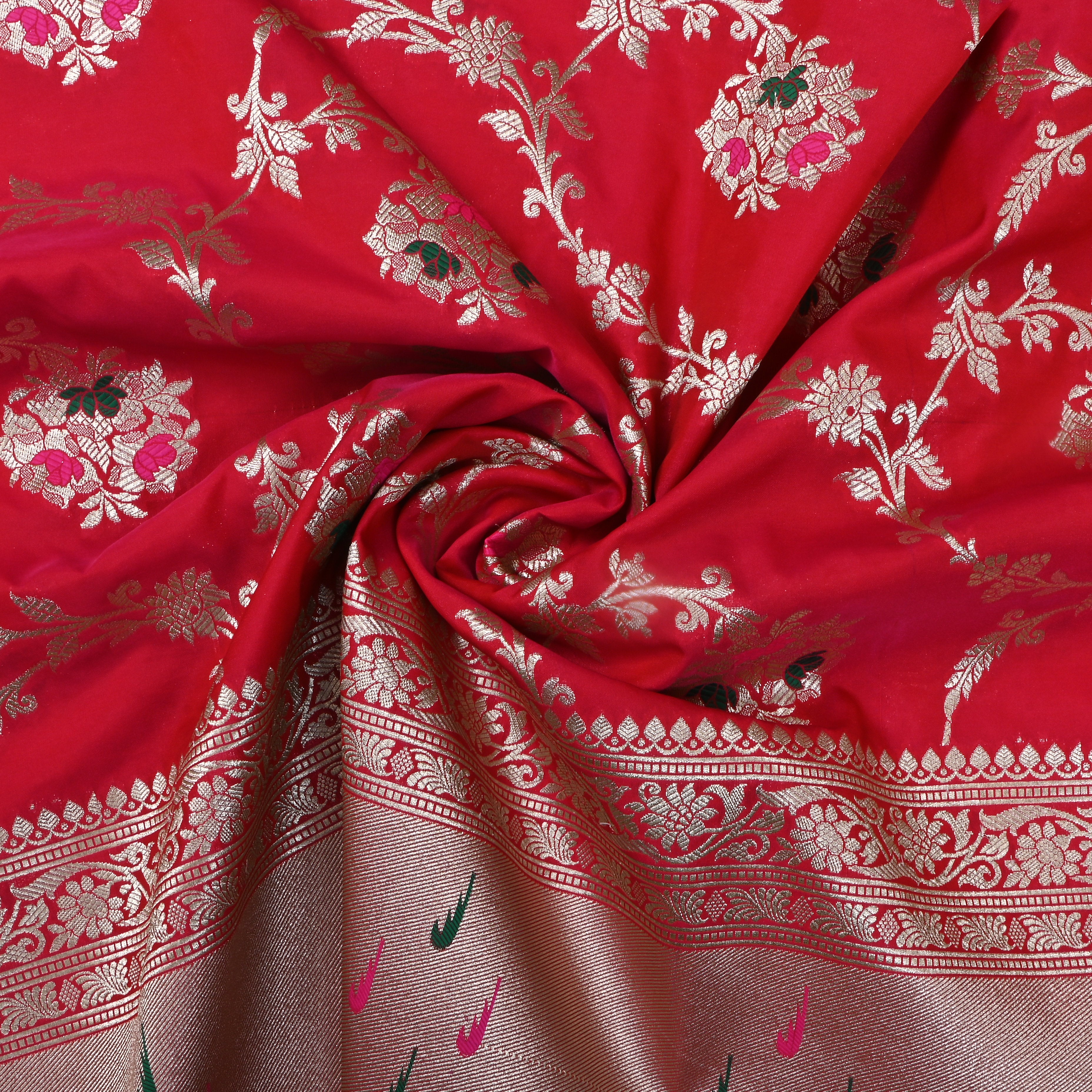 Bright Red Zari Woven Kanchi Silk Fabric
