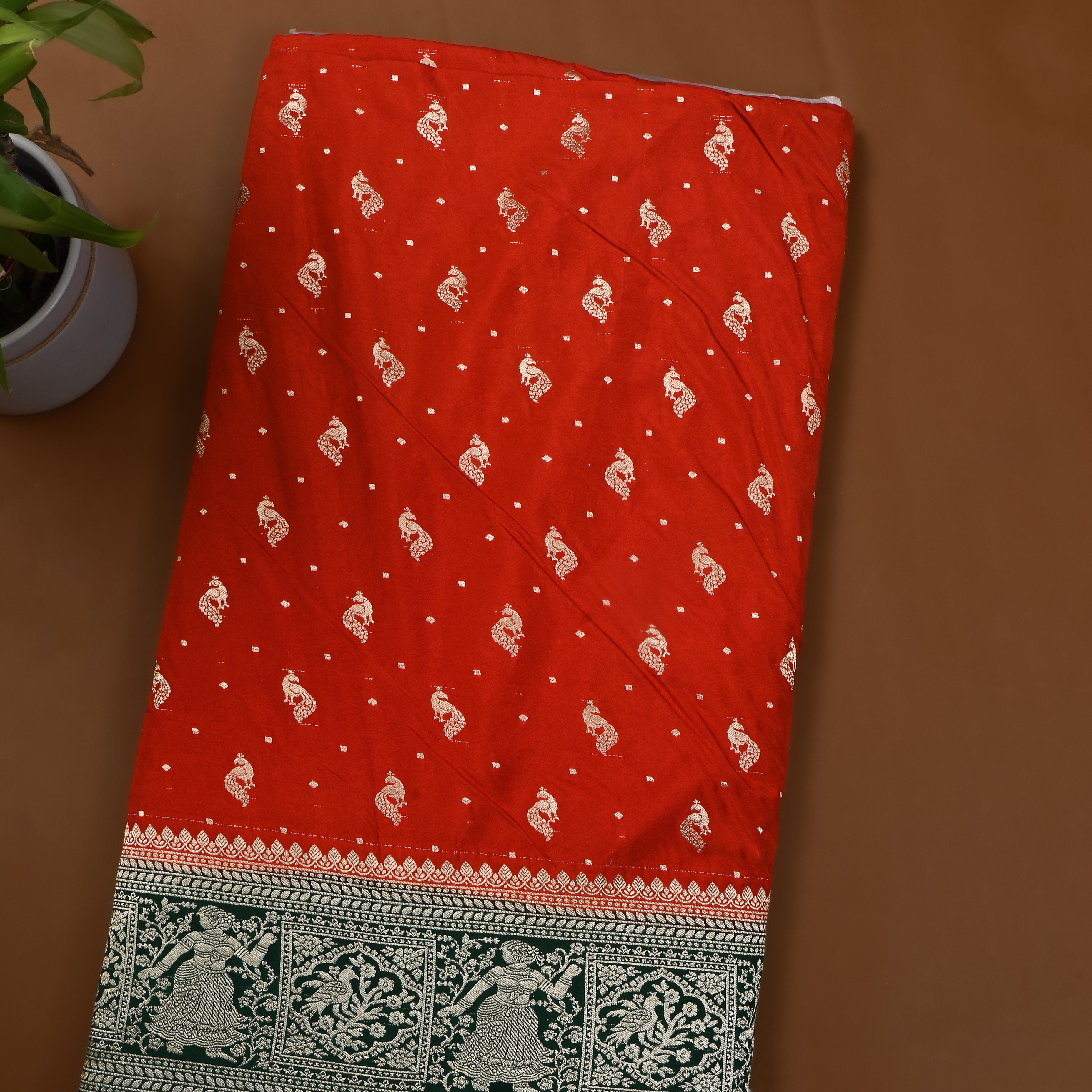 Rich Orange Peacock Butti Jamawar Silk Fabric