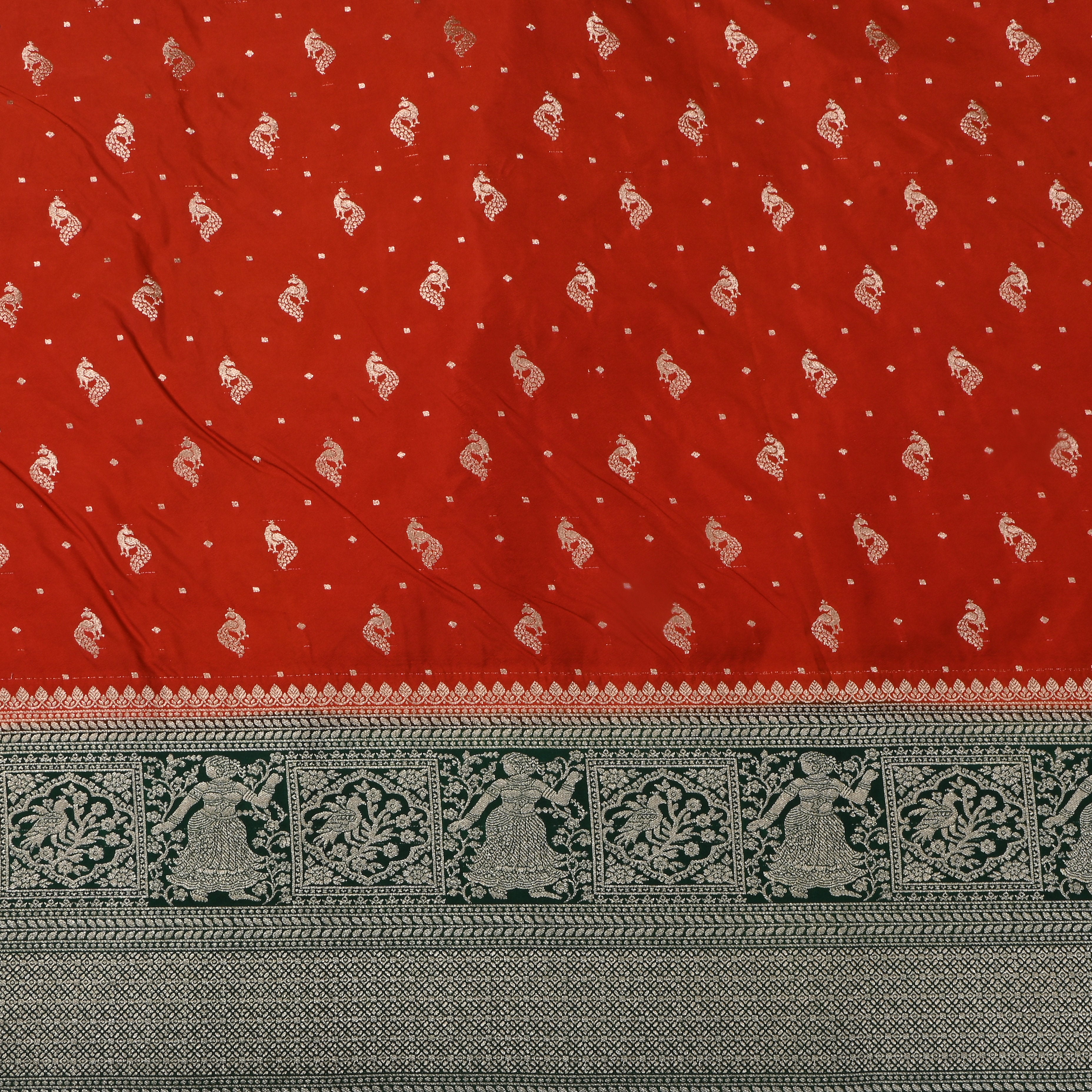 Rich Orange Peacock Butti Jamawar Silk Fabric