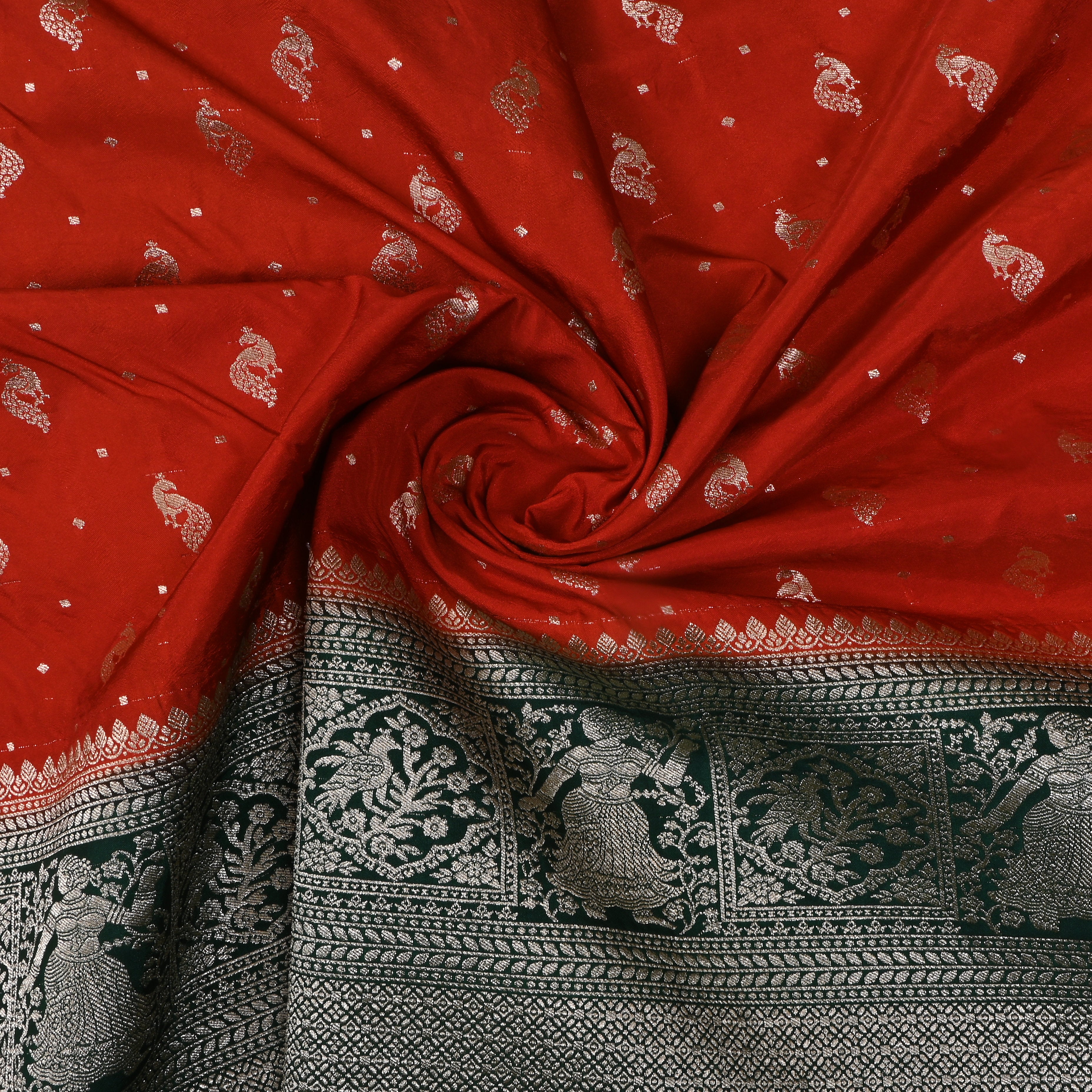 Rich Orange Peacock Butti Jamawar Silk Fabric