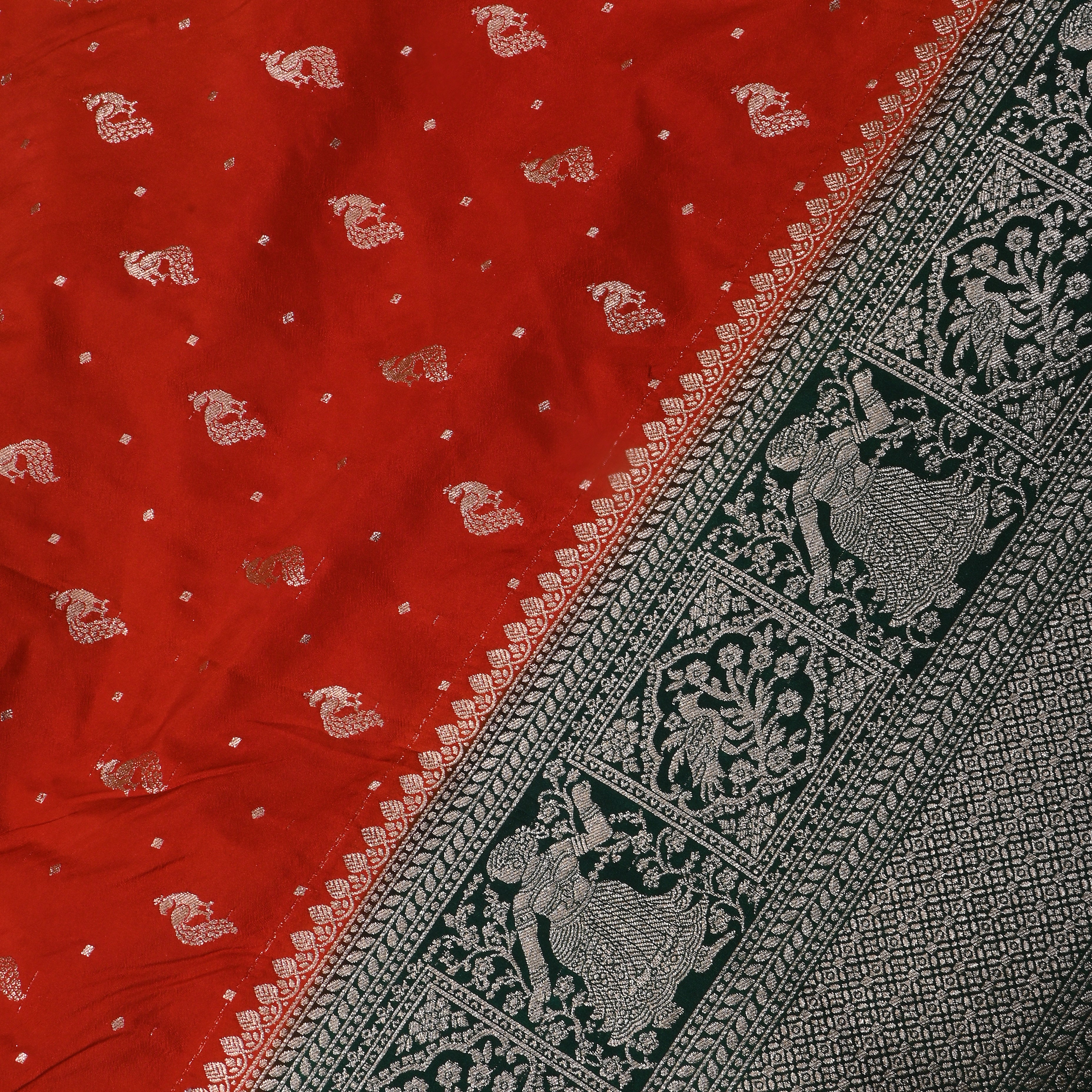 Rich Orange Peacock Butti Jamawar Silk Fabric