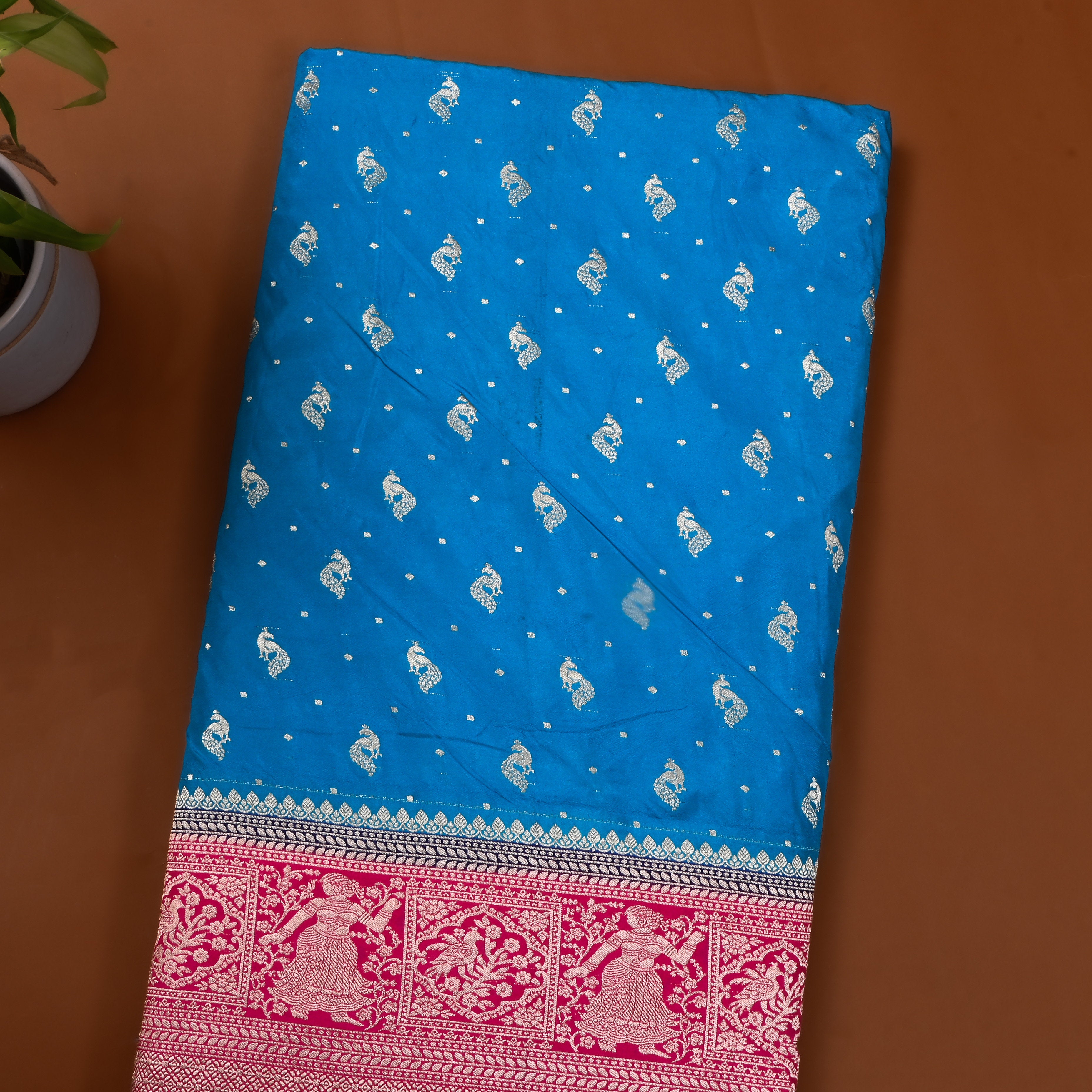 Aqua Blue Peacock Butti Jamawar Silk Fabric