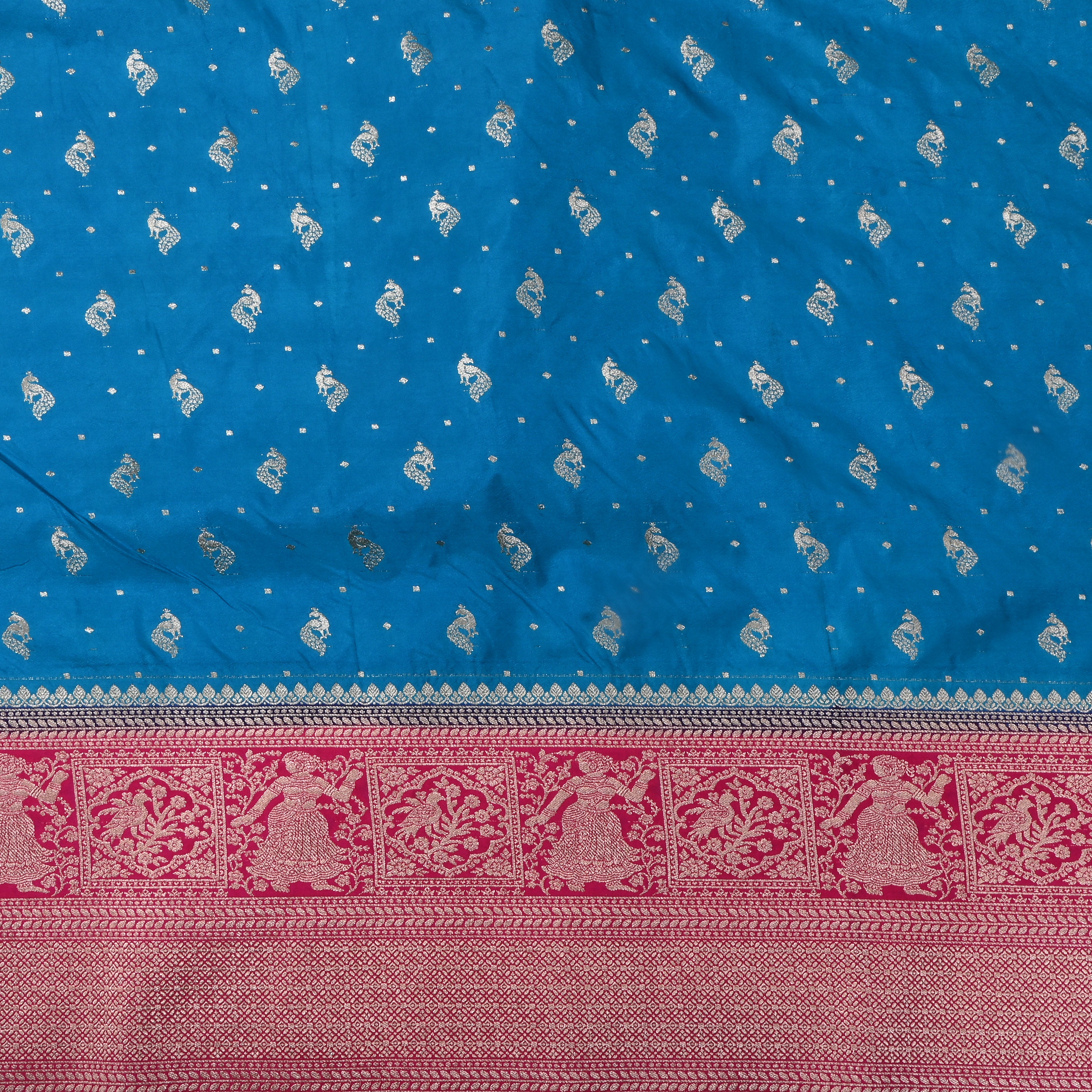 Aqua Blue Peacock Butti Jamawar Silk Fabric