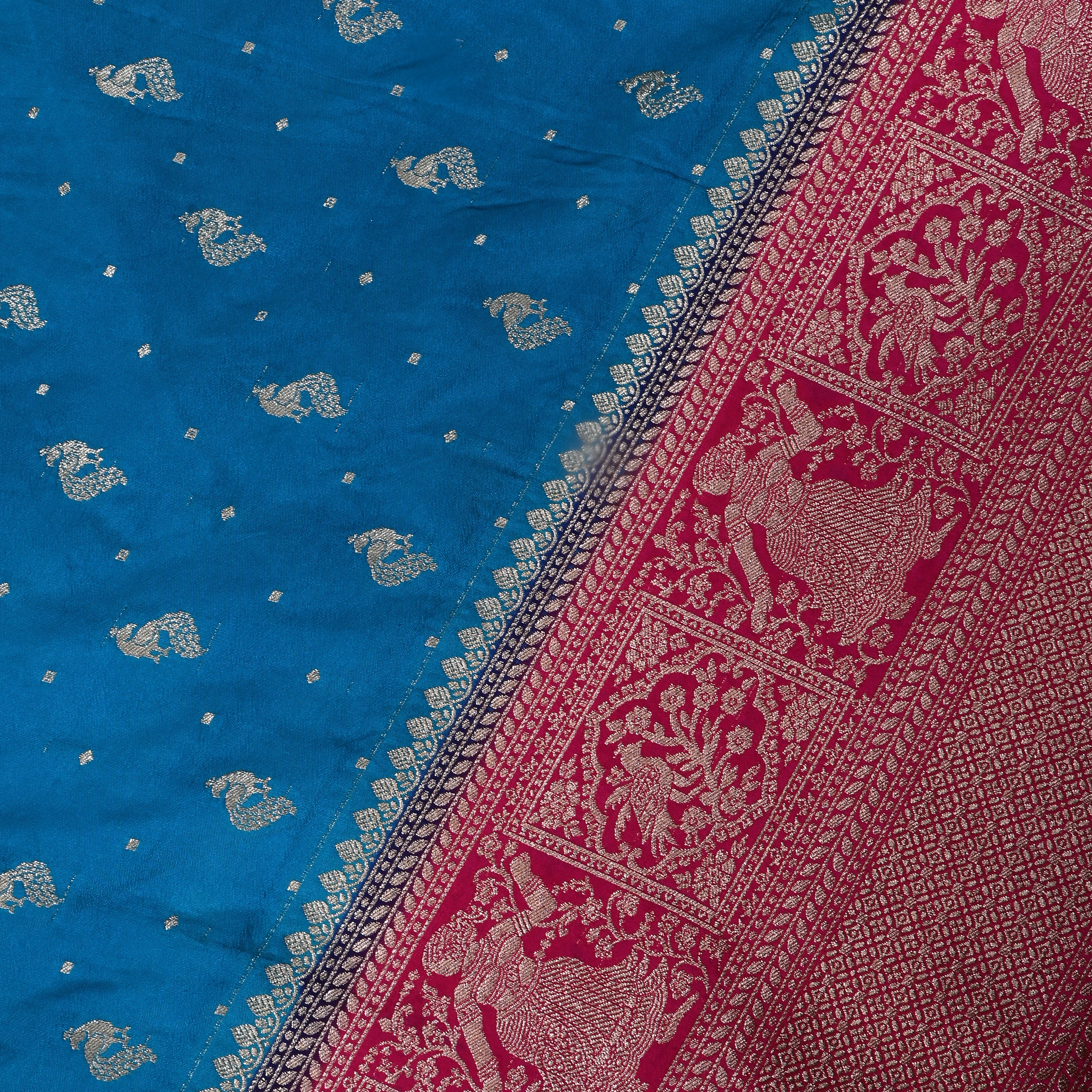 Aqua Blue Peacock Butti Jamawar Silk Fabric