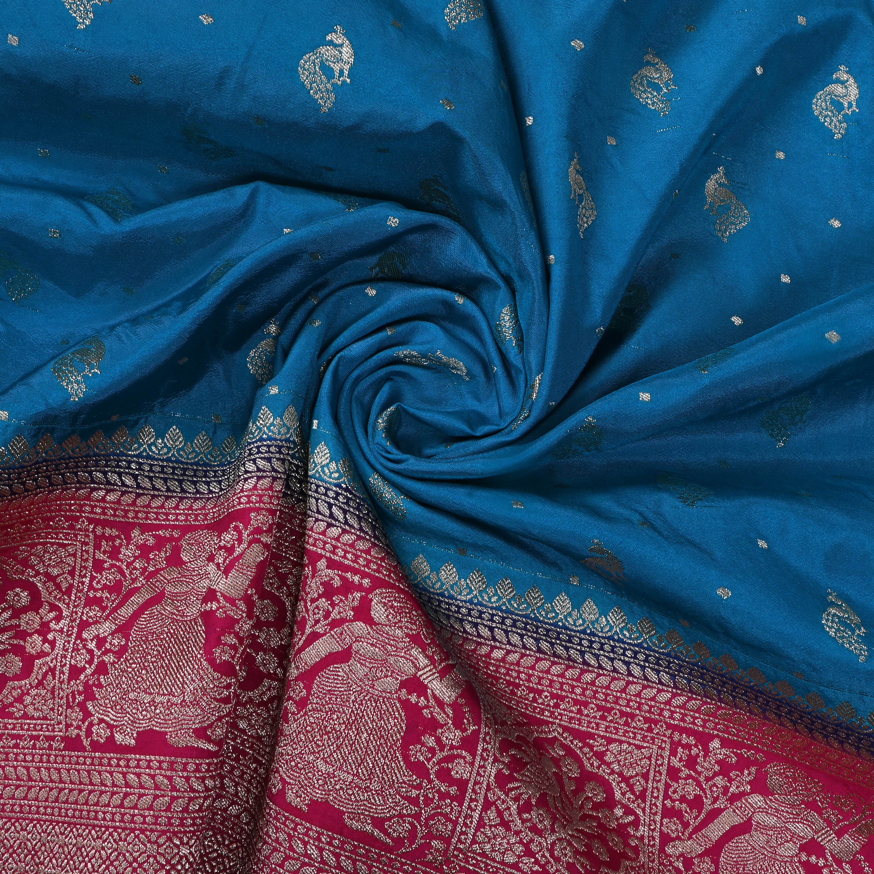 Aqua Blue Peacock Butti Jamawar Silk Fabric