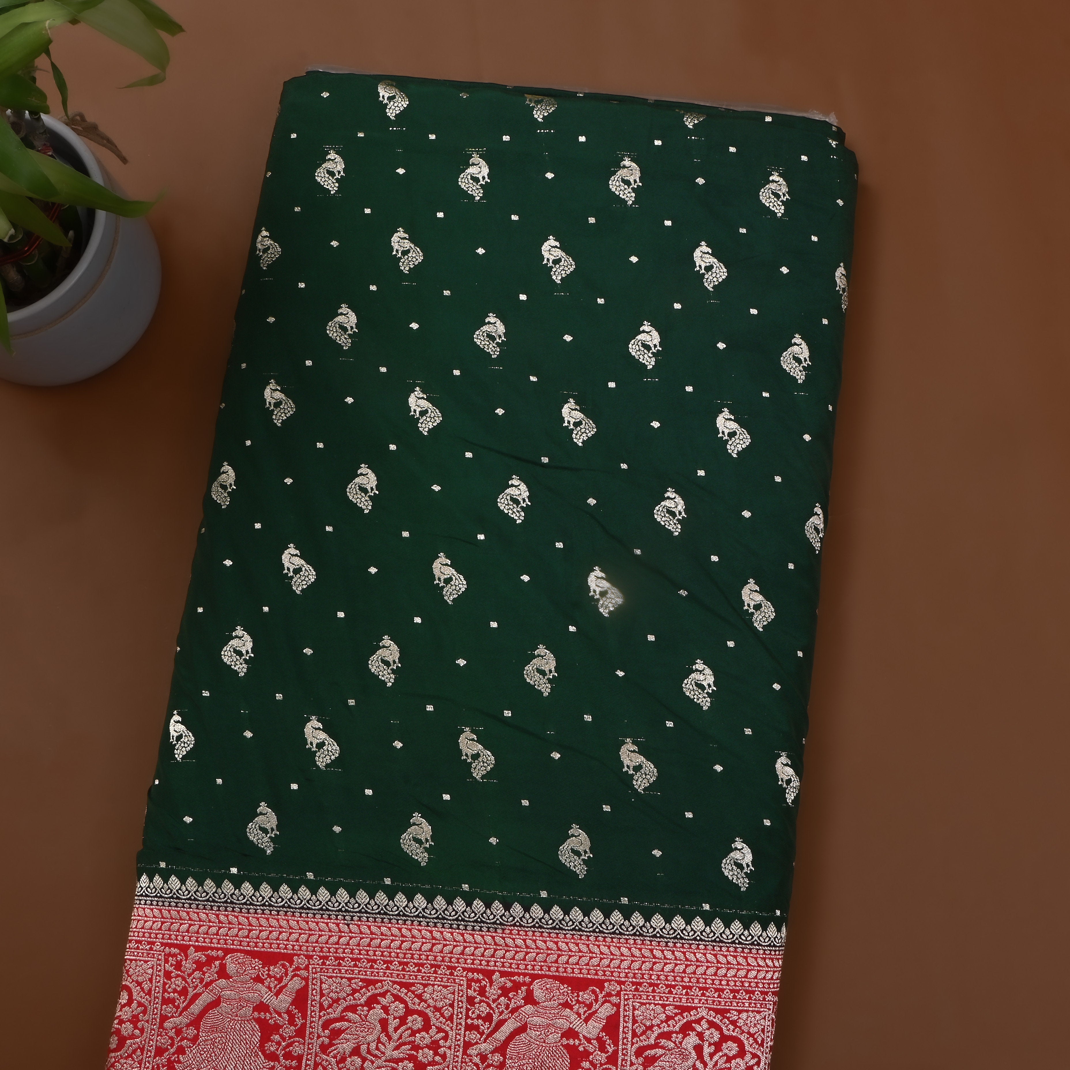 Dark Green Peacock Butti Jamawar Silk Fabric