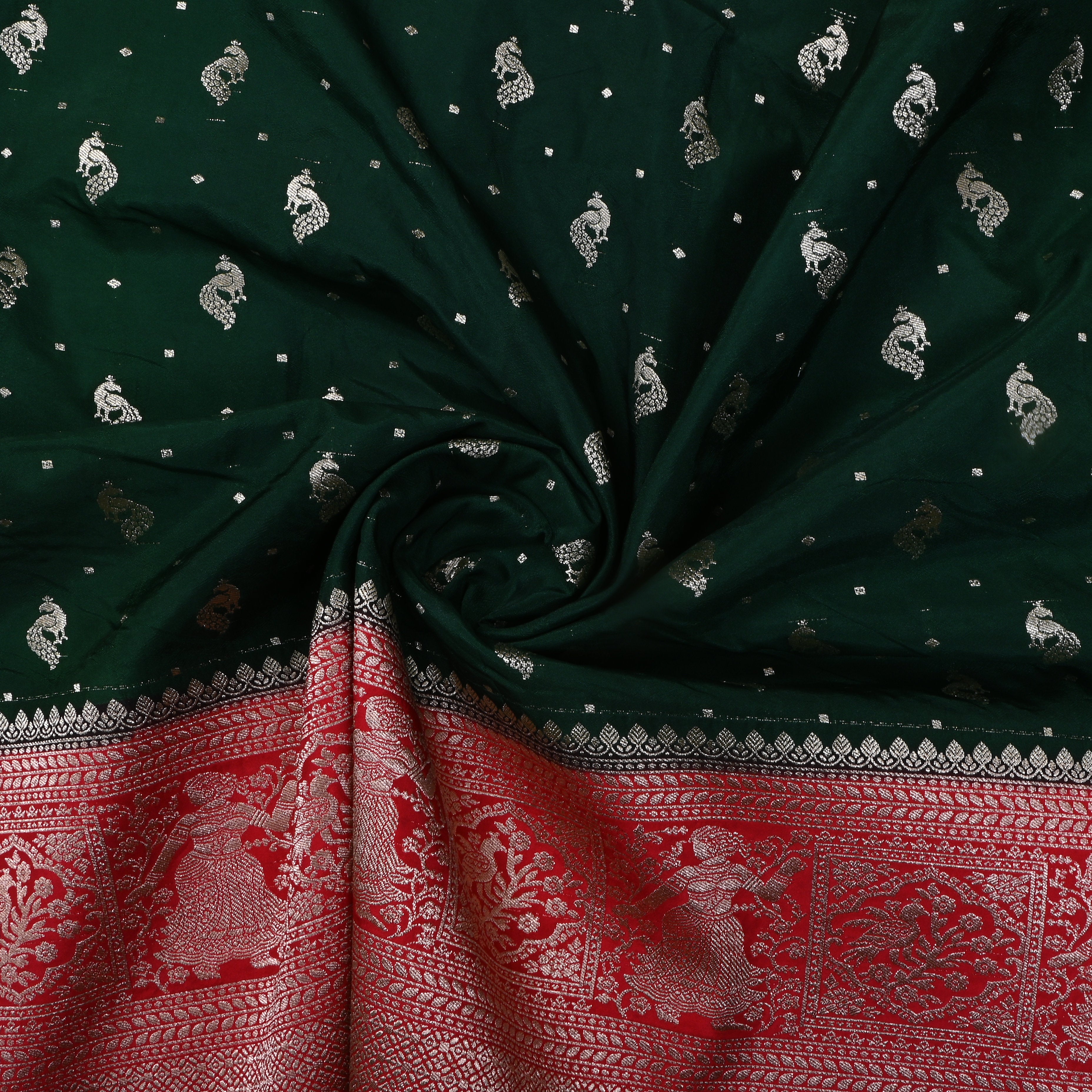 Dark Green Peacock Butti Jamawar Silk Fabric