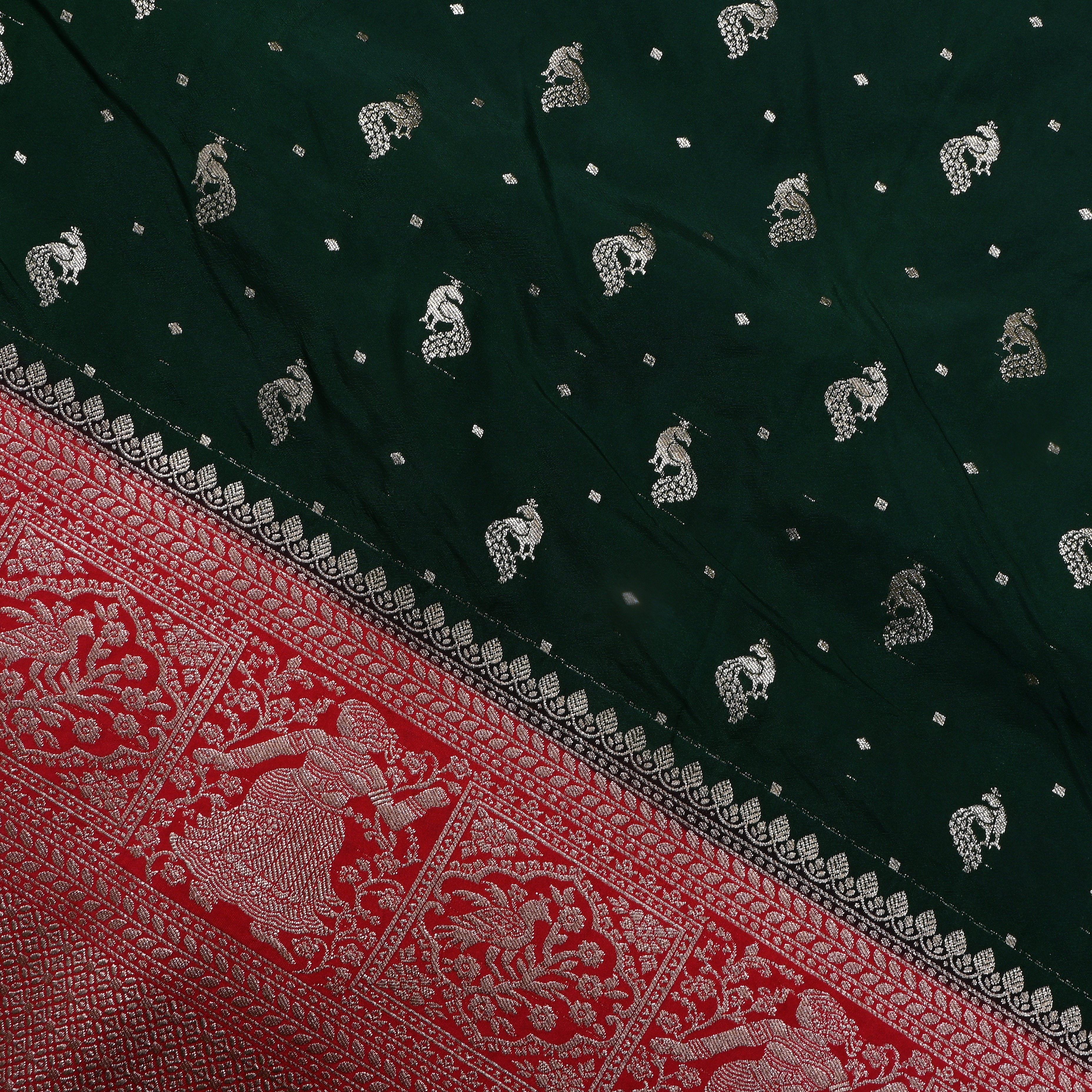 Dark Green Peacock Butti Jamawar Silk Fabric