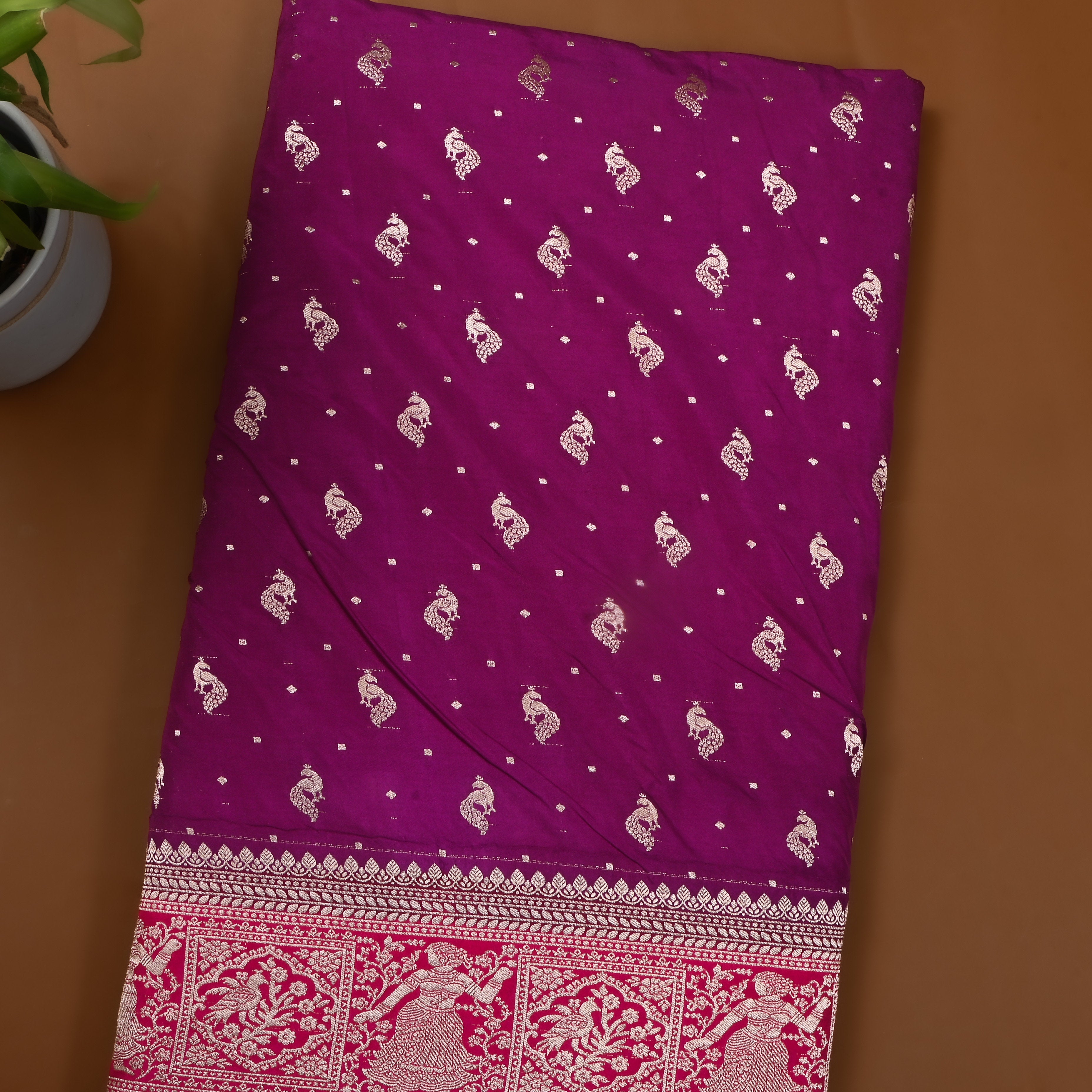 Plum Purple Peacock Butti Jamawar Silk Fabric