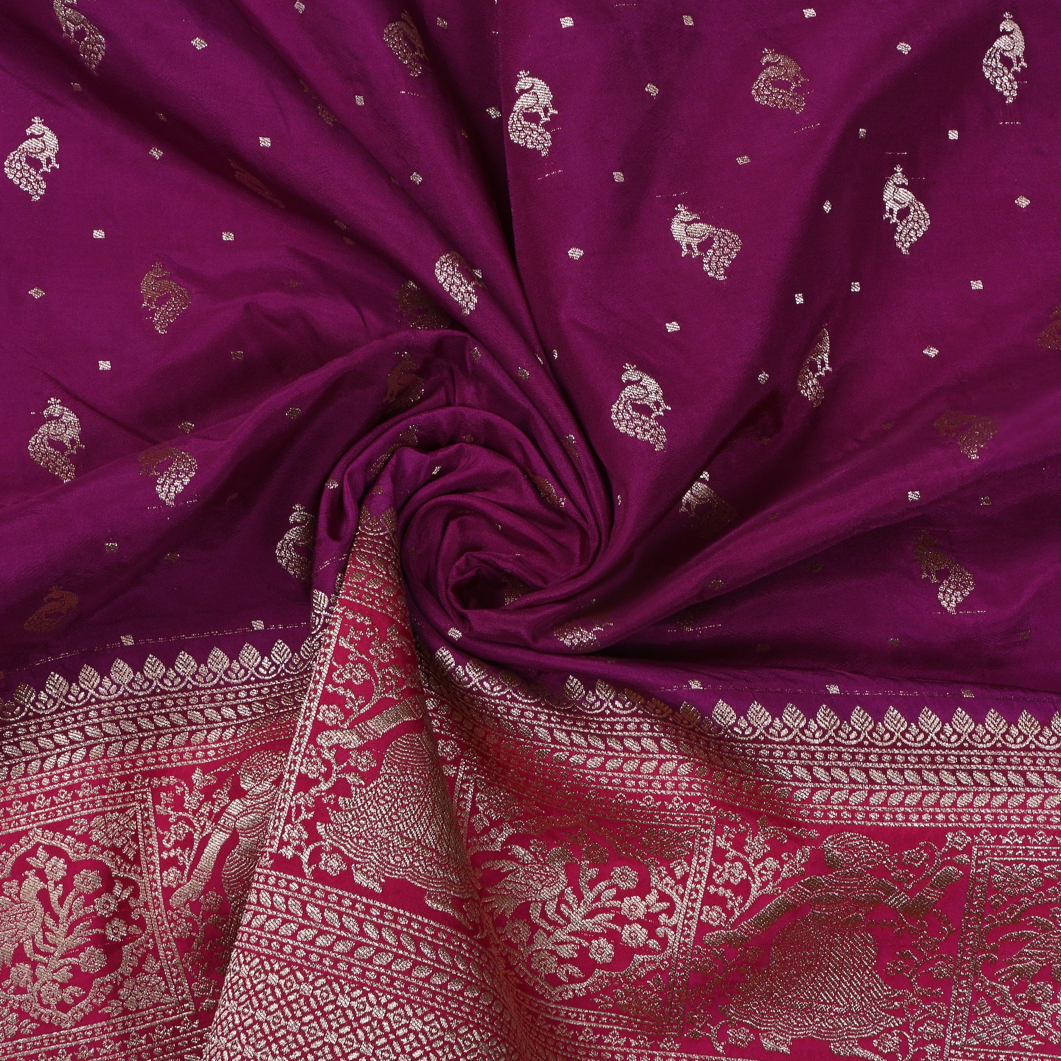 Plum Purple Peacock Butti Jamawar Silk Fabric
