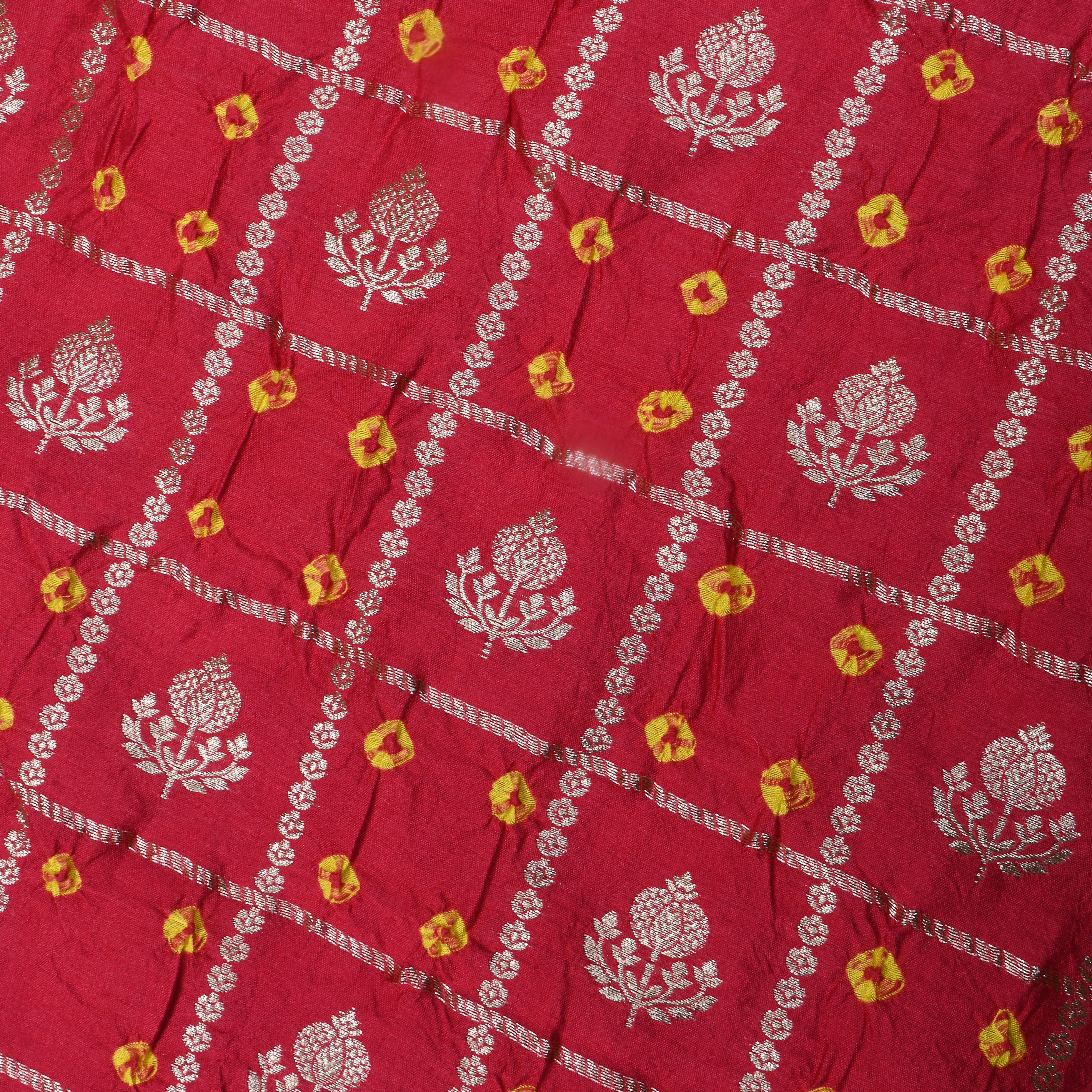 Bright Red Zari Woven Silk Bandhani Fabric