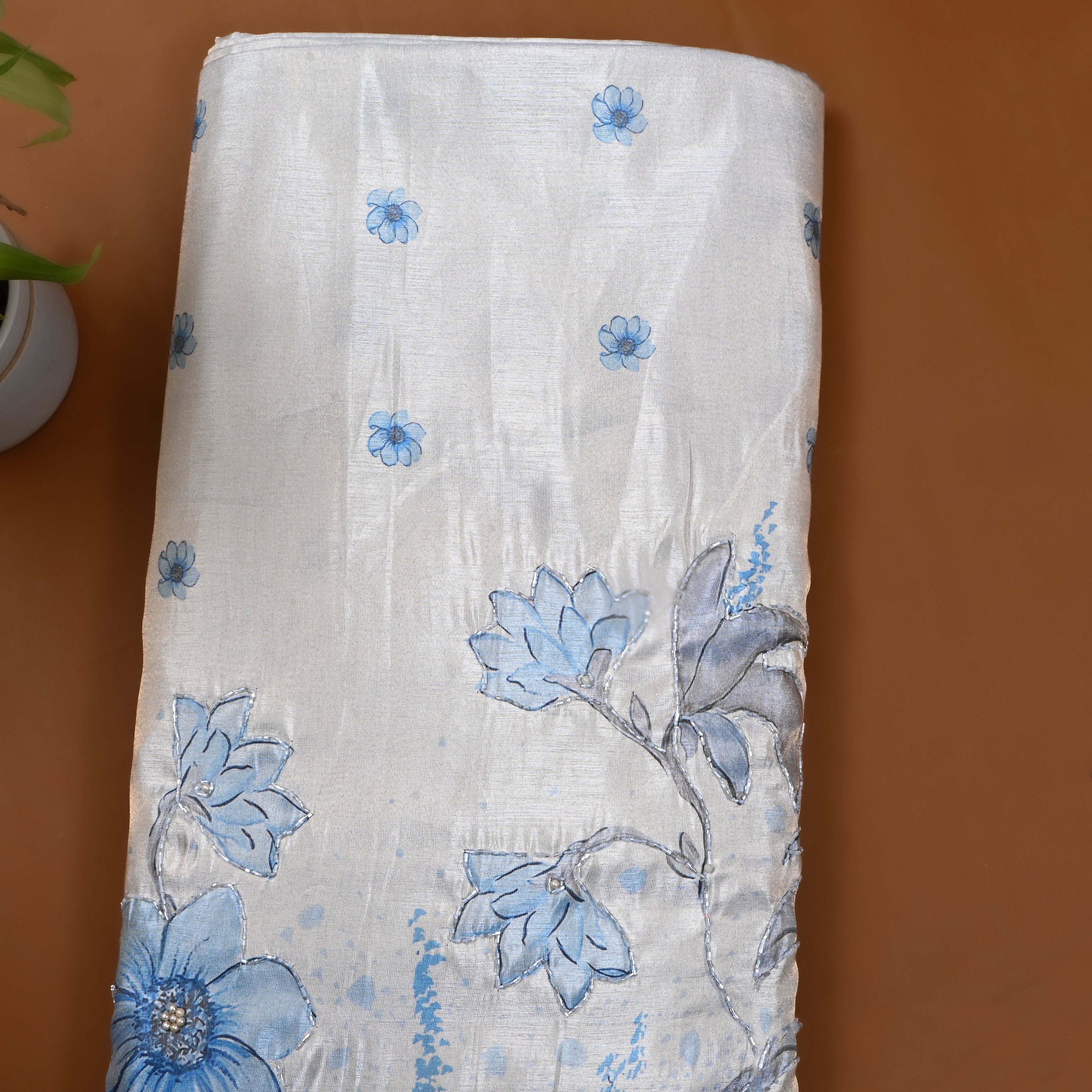 White And Blue Floral Printed Tissue Fabric