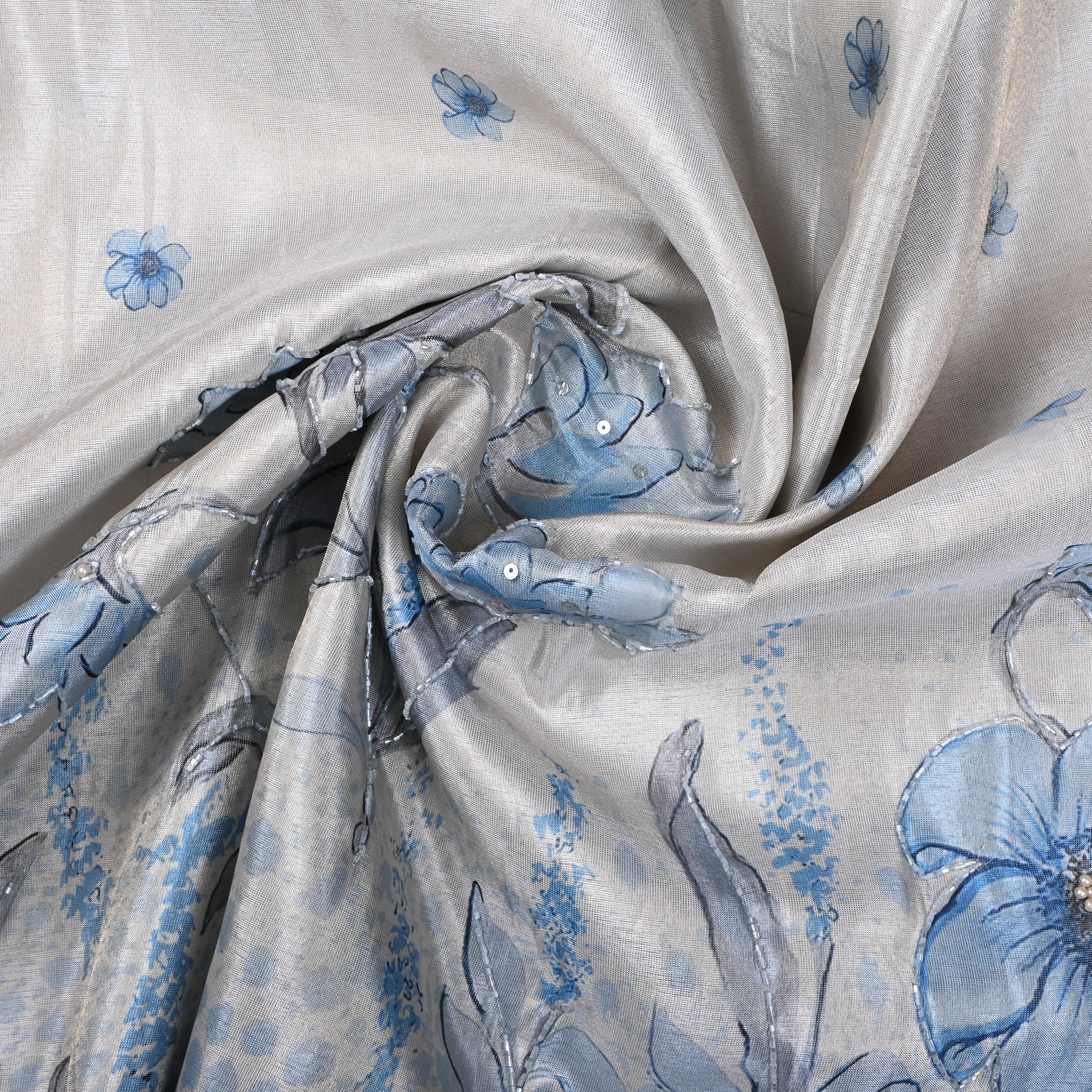 White And Blue Floral Printed Tissue Fabric