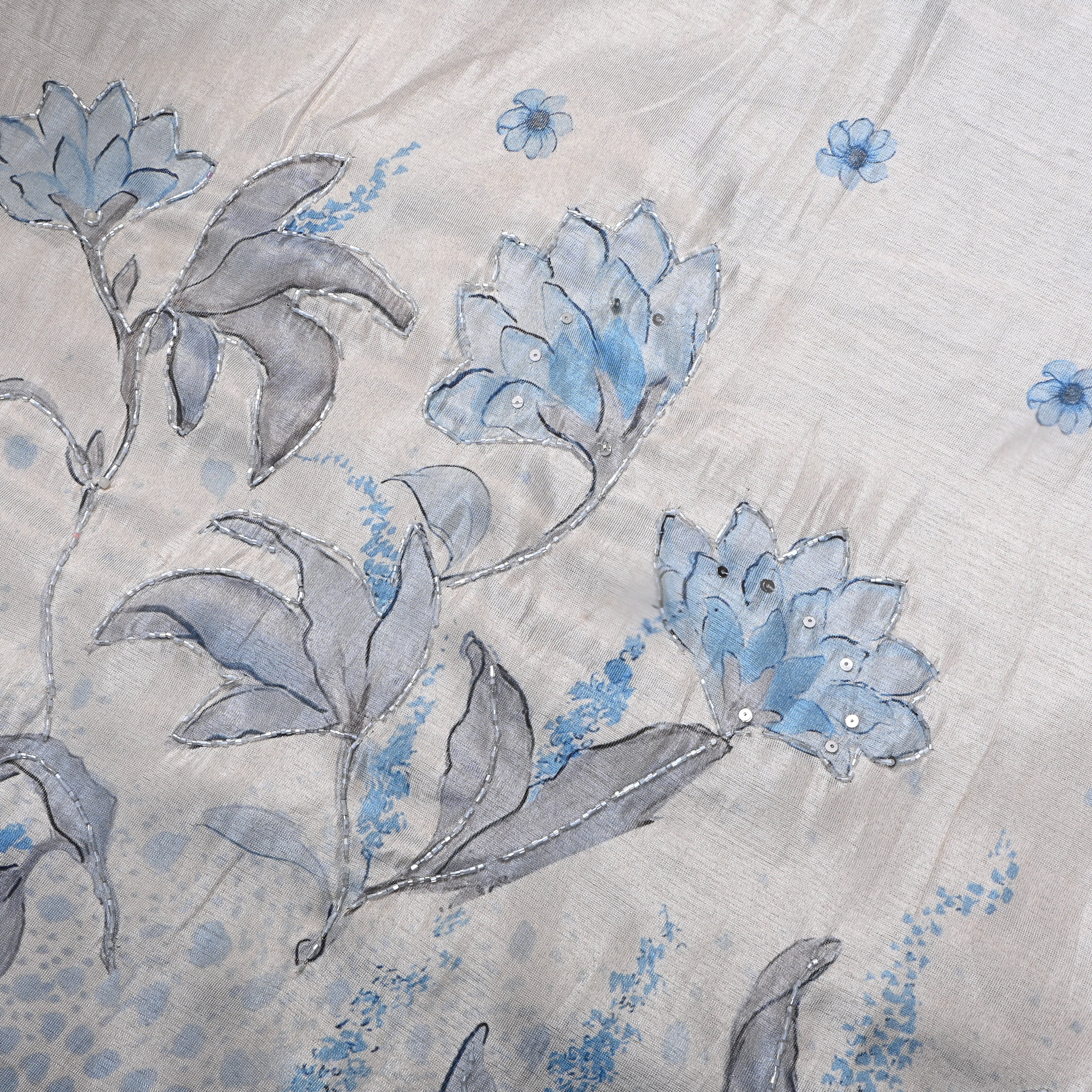 White And Blue Floral Printed Tissue Fabric