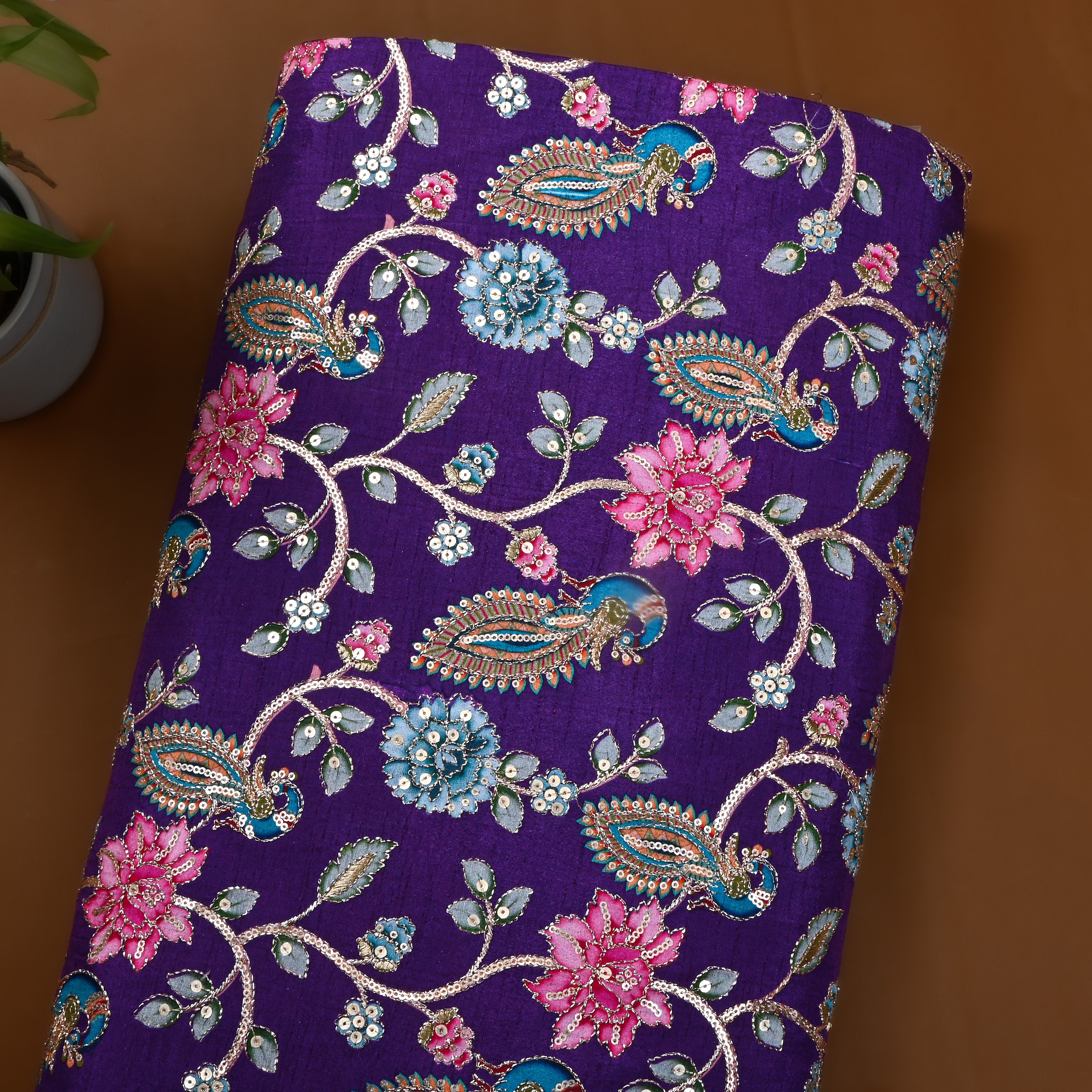 Rich Purple Floral Printed Silk Fabric